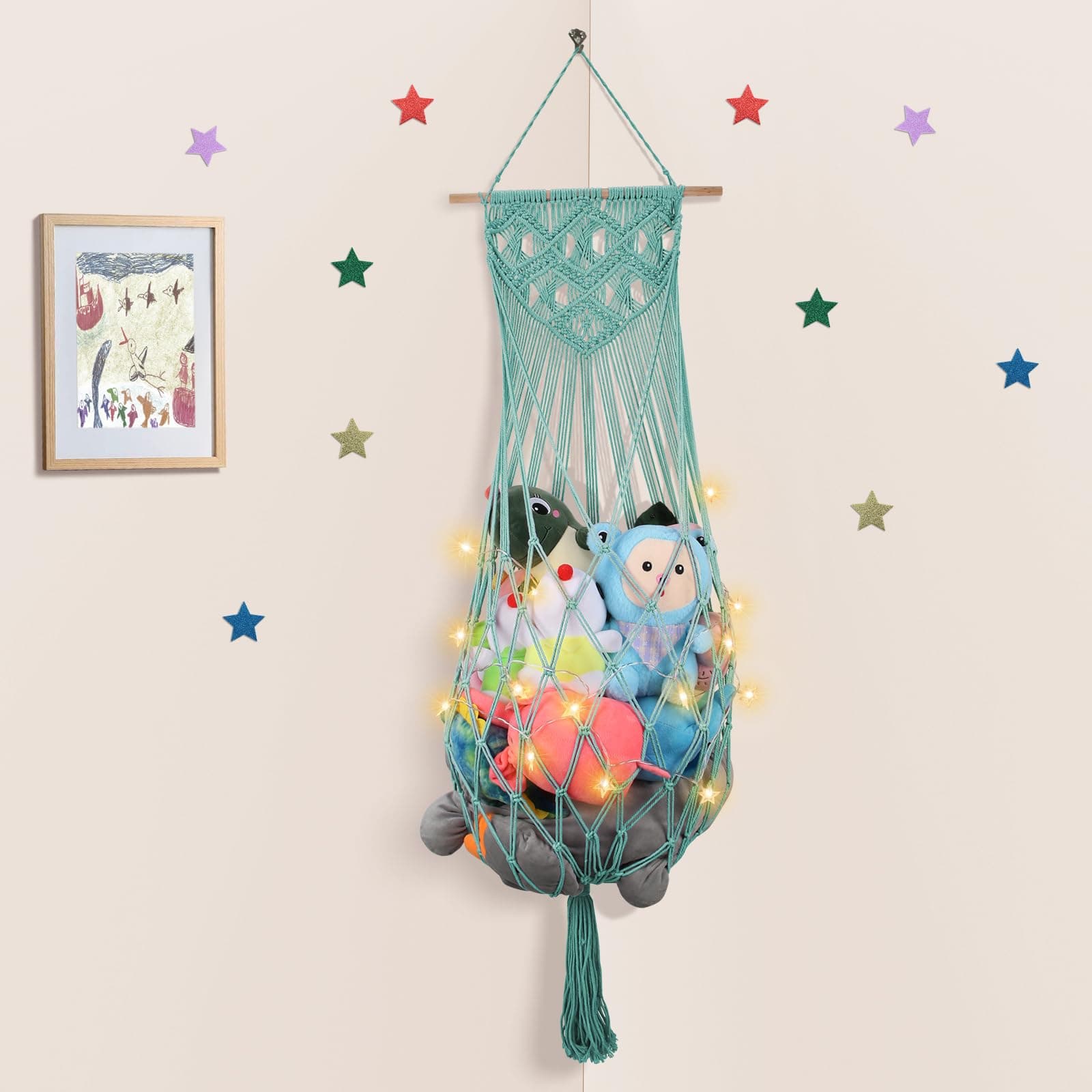 Stuffed Animal Storage Hammock, 63'' Jumbo Boho Macrame Corner Toy Hammock Wall Hanging Net Holder for Nursery Teddy Plushie, Turquoise Plush Toy Net with Star Light for Baby Boys Girls Gift