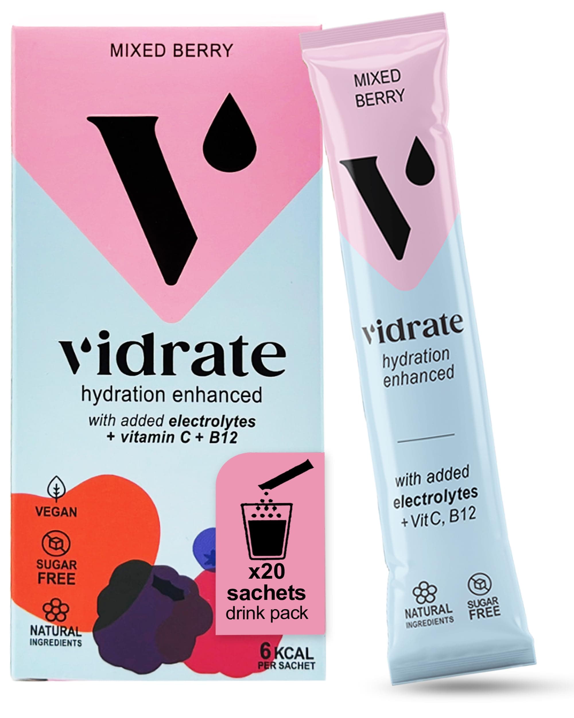 Vidrate Electrolytes Powder - Hydration Sachets Packed with Vitamins - Zero Sugar Rehydration Sachet with No Artificial Sweeteners & Preservatives - Mixed Berry Large Pack, 20 Electrolytes Sachets