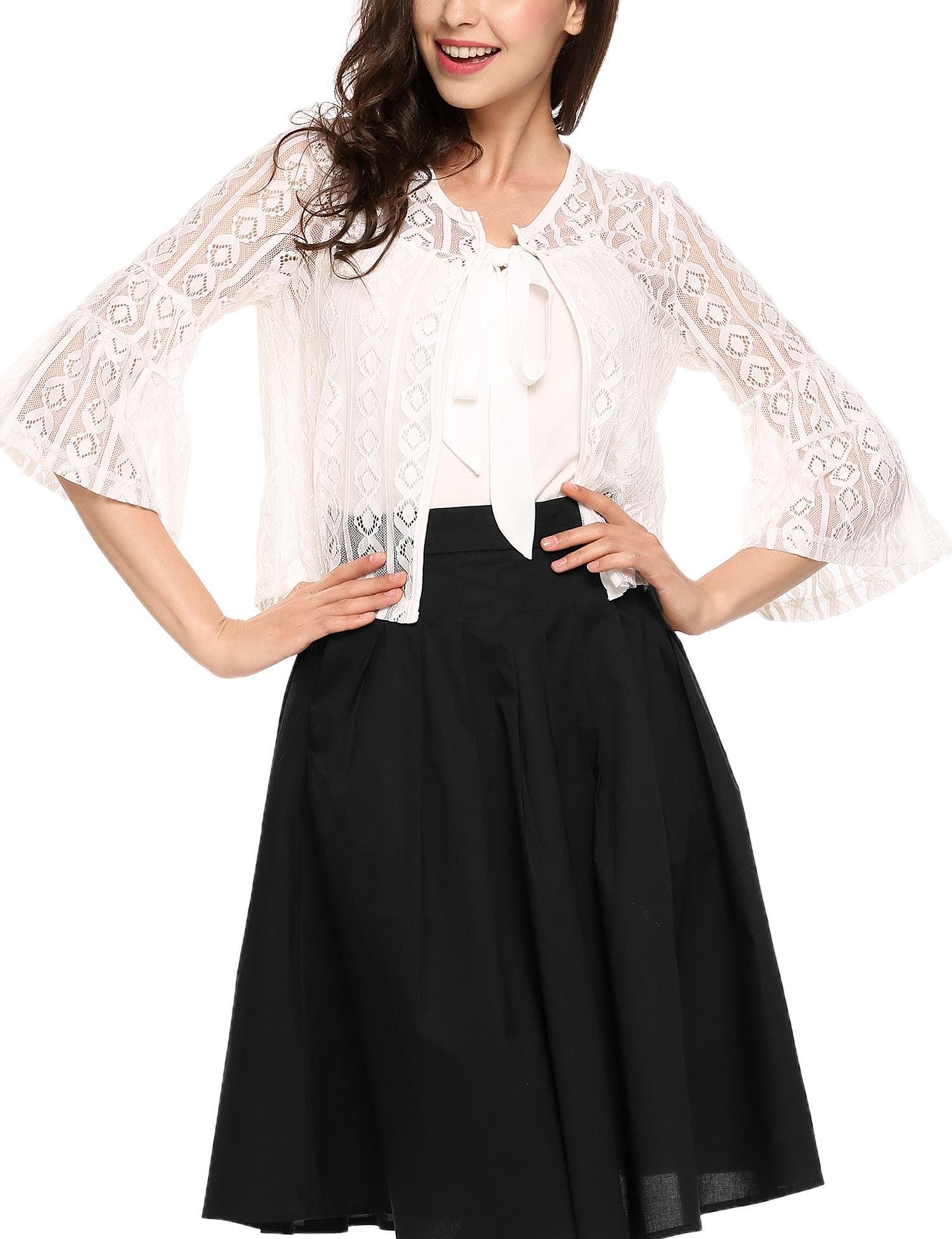 Thinlce Women's Bell Sleeve Sheer Crochet Lace Cropped Bolero Shrug Loose Fit Cardigan,White,Small