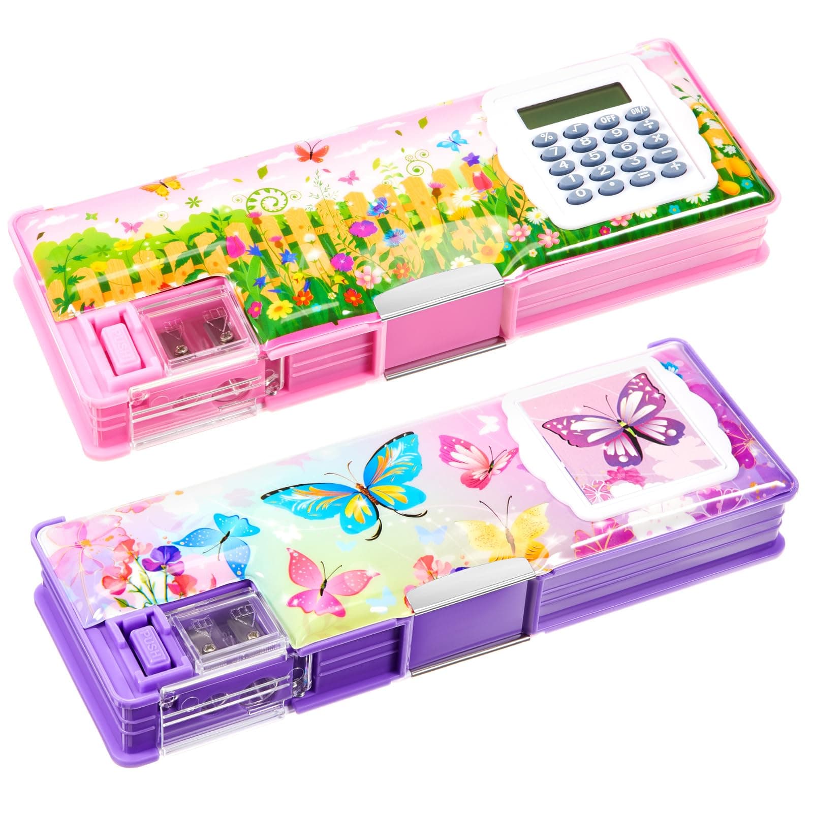 Henoyso 2 Pcs Multifunctional Pencil Case Plastic Pencil Case with Calculator and Pencil Sharpener Pencil Pouch Gifts (Flower, Butterfly)