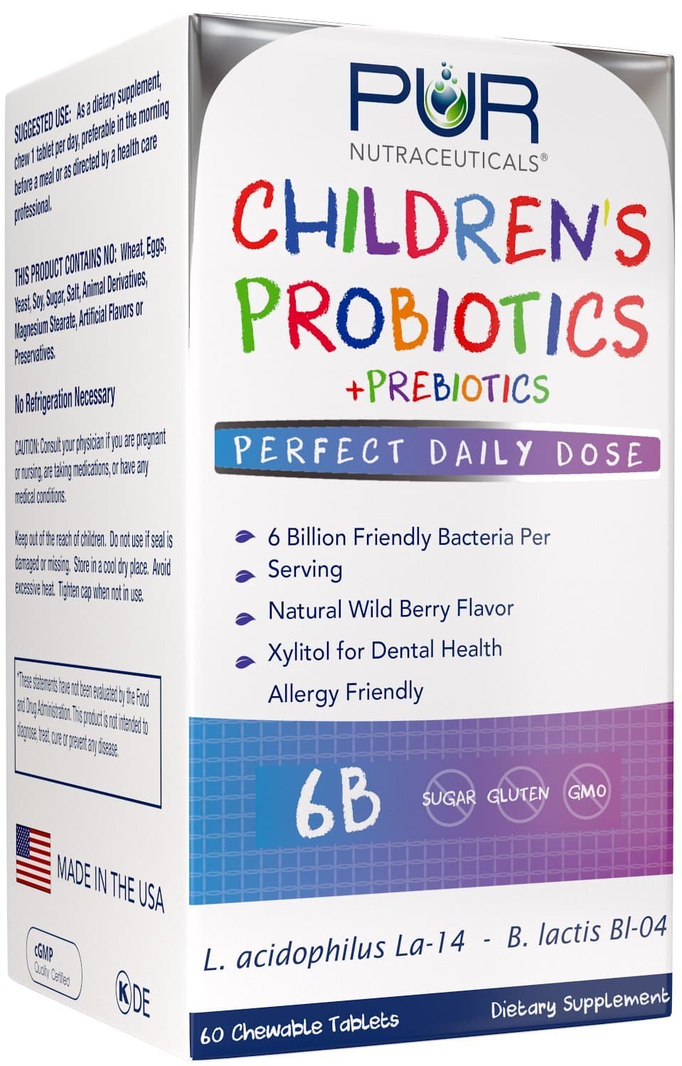 Children's Probiotics + Prebiotics * 6 Billion CFUs/Serving * 60 Chewable Tablets * 2 Month Supply * with Prebiotics Sunfiber® & FOS for 10X More Effectiveness * 100% All Natural * Made in USA