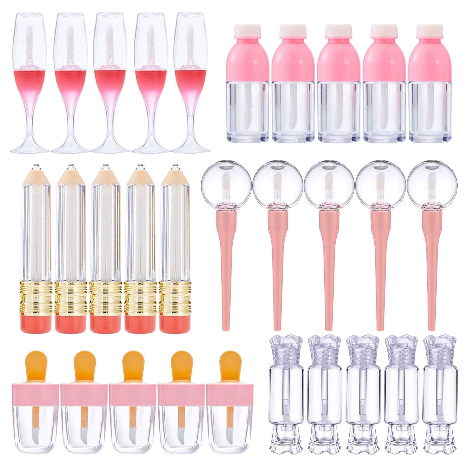 30 Pcs Cute Empty Lip Gloss Tubes, 6 Styles Lip Glaze Tubes Novelty Red Wine Glass Lip Oil Bottles Empty Lip,Refillable Lip Balm Containers for Women Girls DIY(5/8/10ML)
