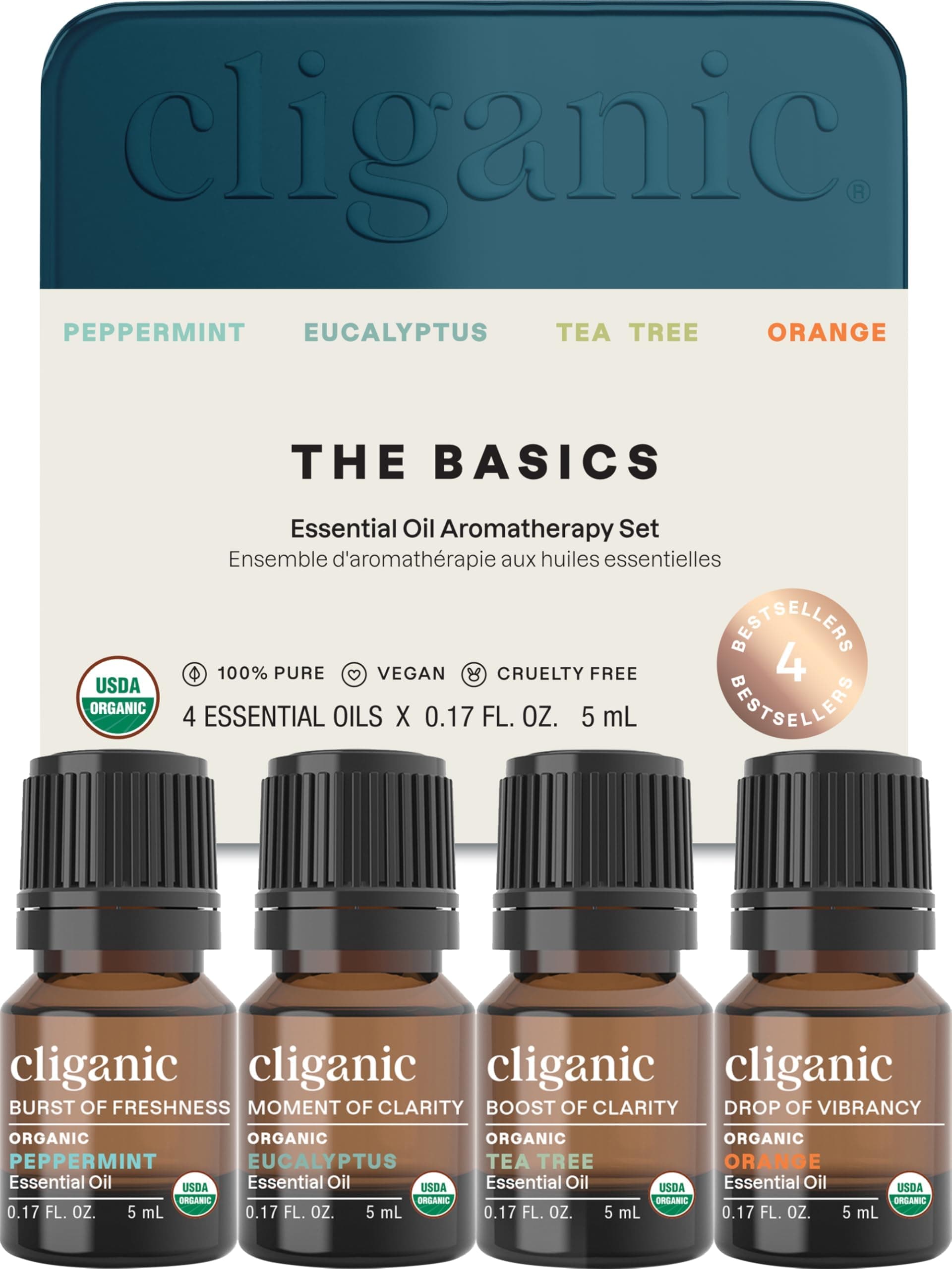 Organic Essential Oils Gift Set (Top 4 - The Basics), 100% Pure Natural Aromatherapy - Peppermint, Eucalyptus, Tea Tree & Orange