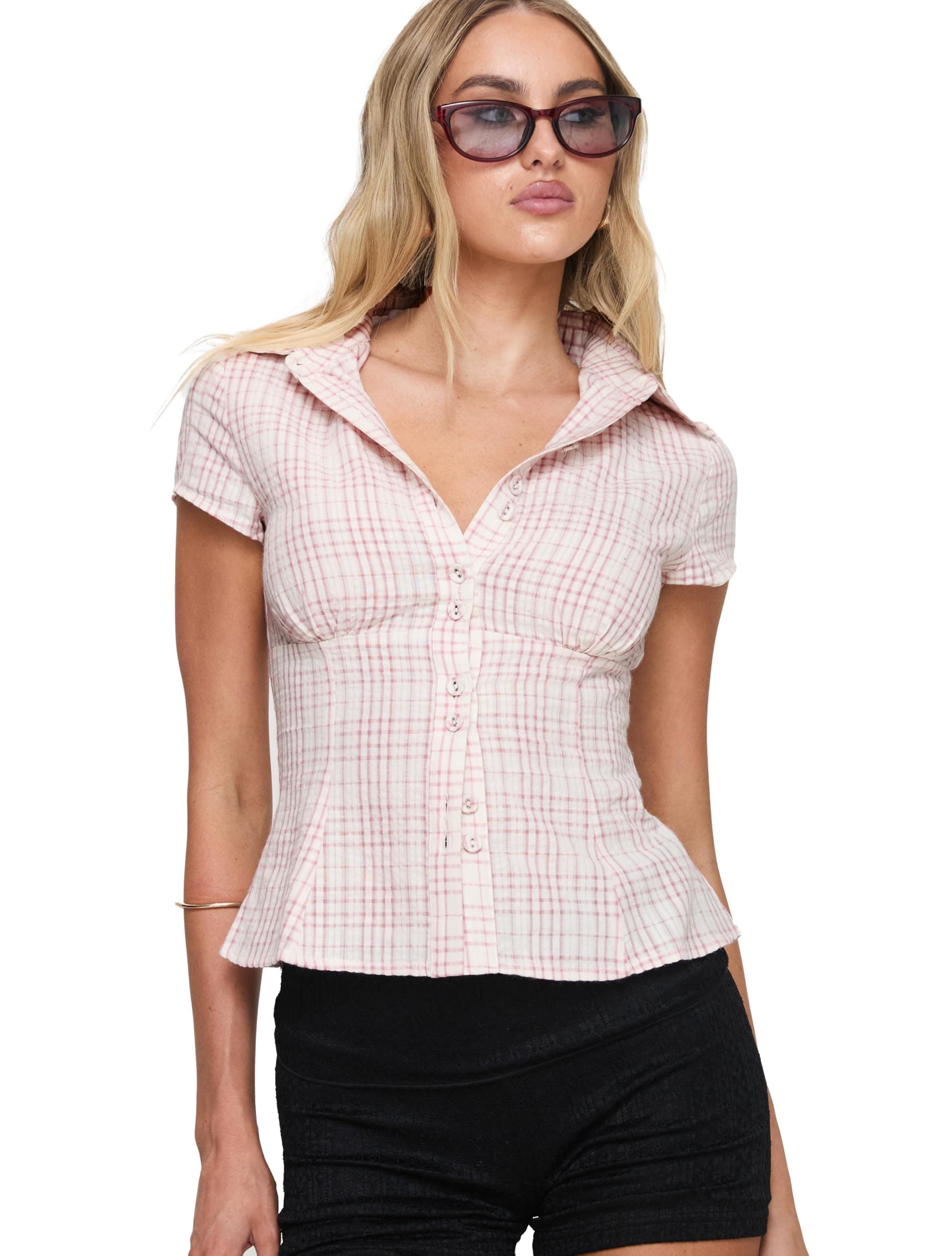 Princess Polly Cottesloe Pink Gingham Ruched Bust Button Down Crop Blouse