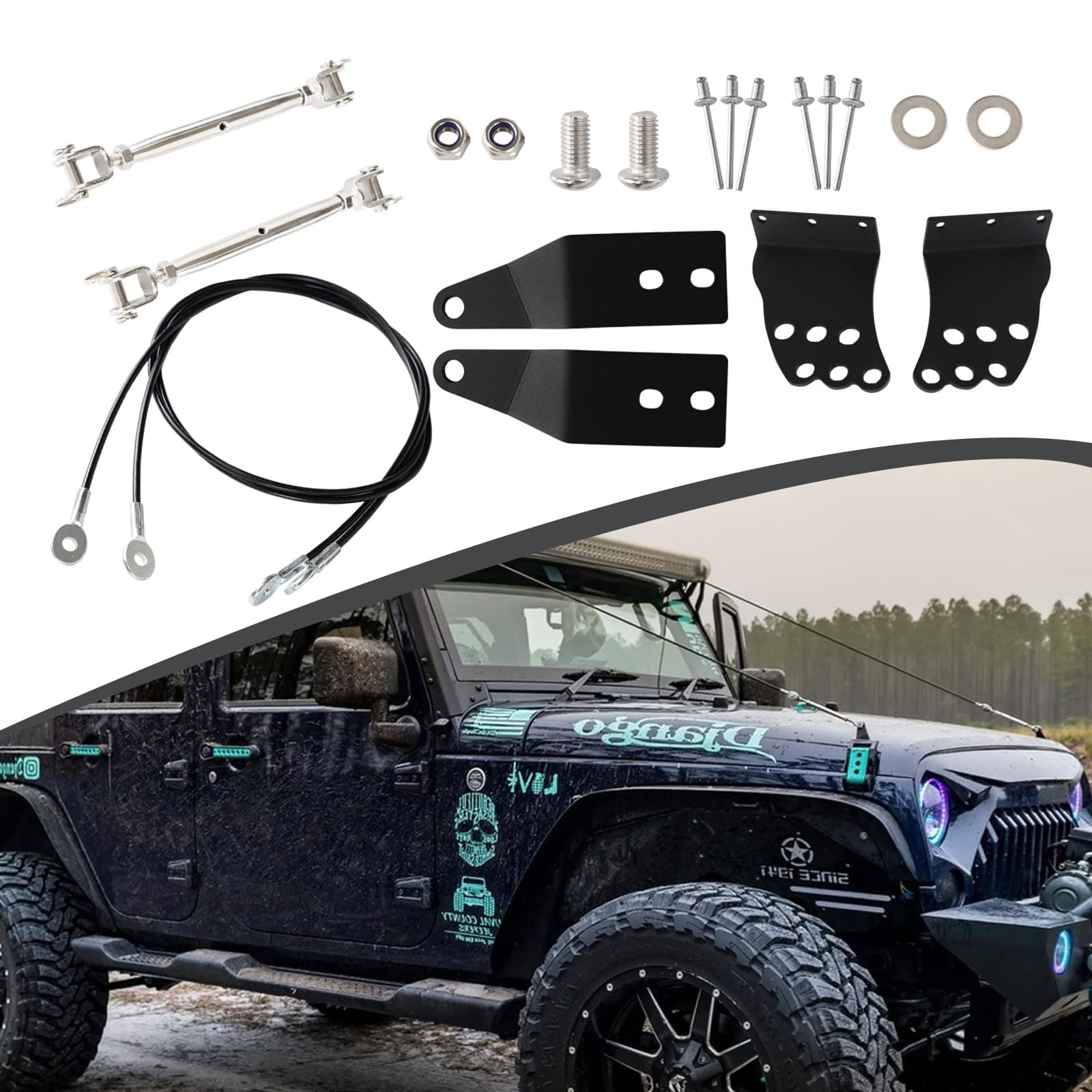 MFC Adjustable Limb Risers Kit Compatible with for Jeep Wrangler TJ JK 1997-2018 Engine Hood Protective Sub-line Branch Bracket Through The Jungle Windshield Protector Obstacle Eliminate Rope