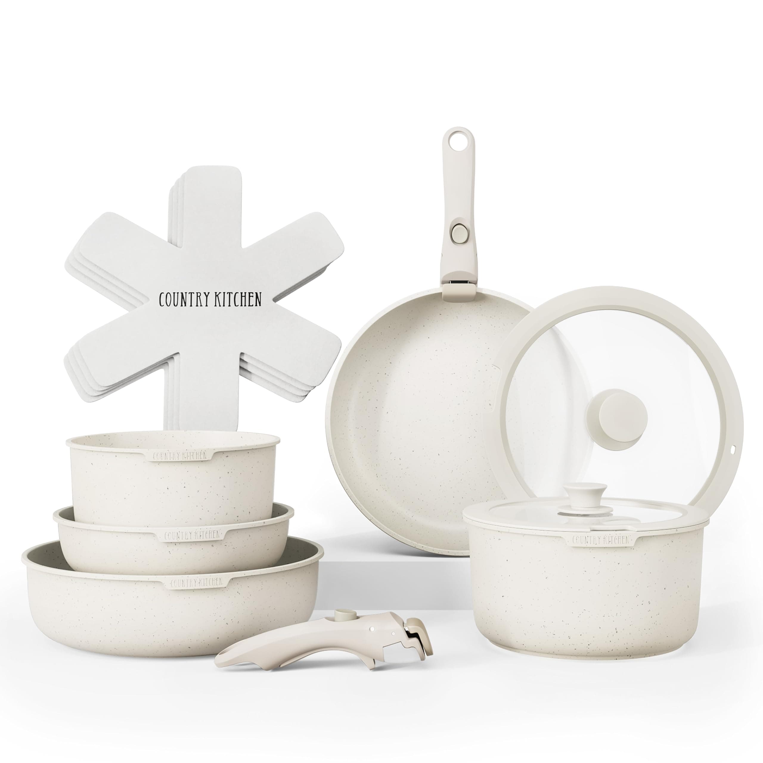 Country Kitchen Cookware Set with Removable Handle, Oven & RV Safe Pots and Pans Set, Cream, Original