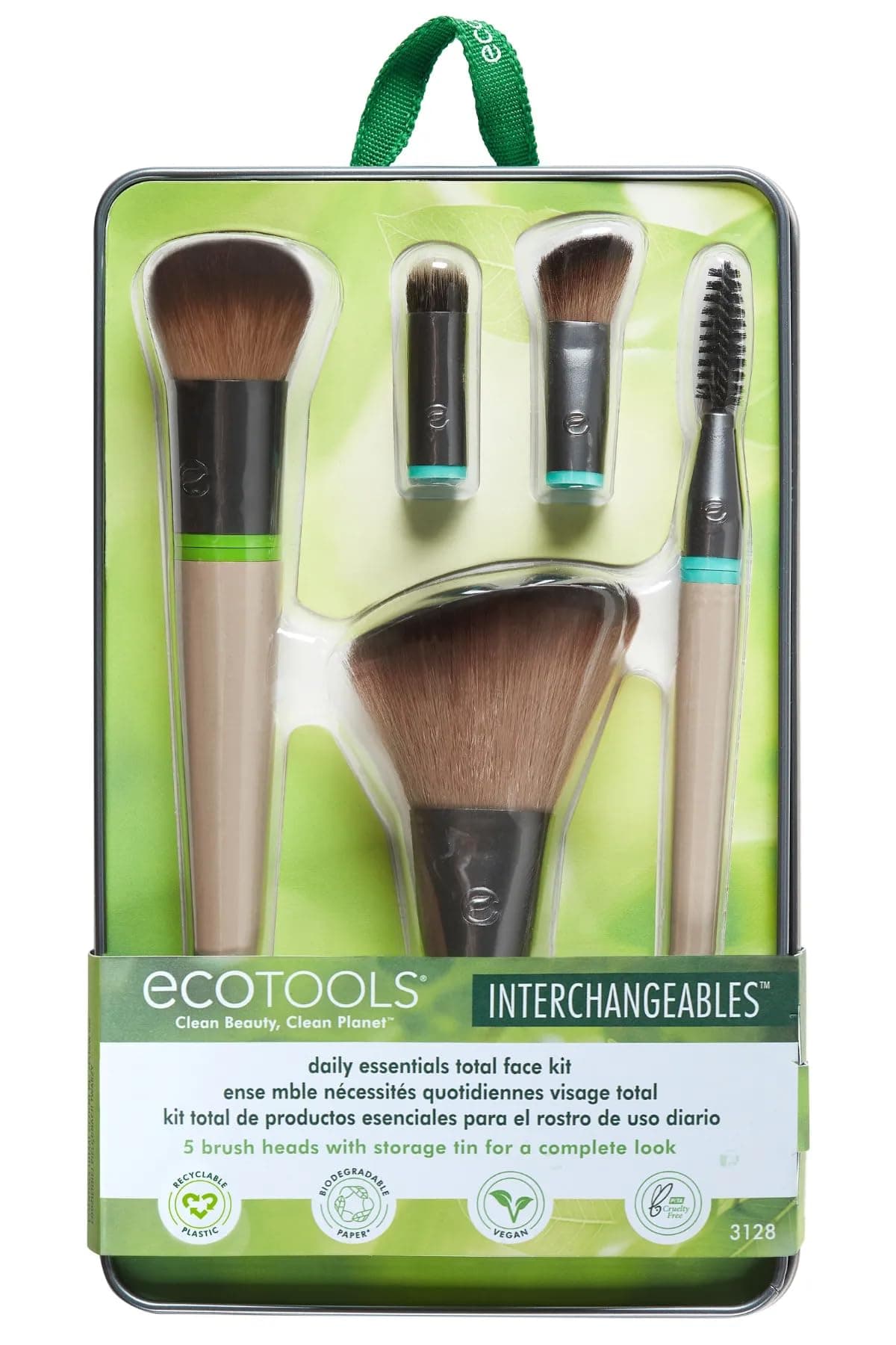 Daily Essentials Face Kit Interchangeables Makeup Brush Set With 5 Brushes, 2 Handles, And Storage Tin, Brown/Black