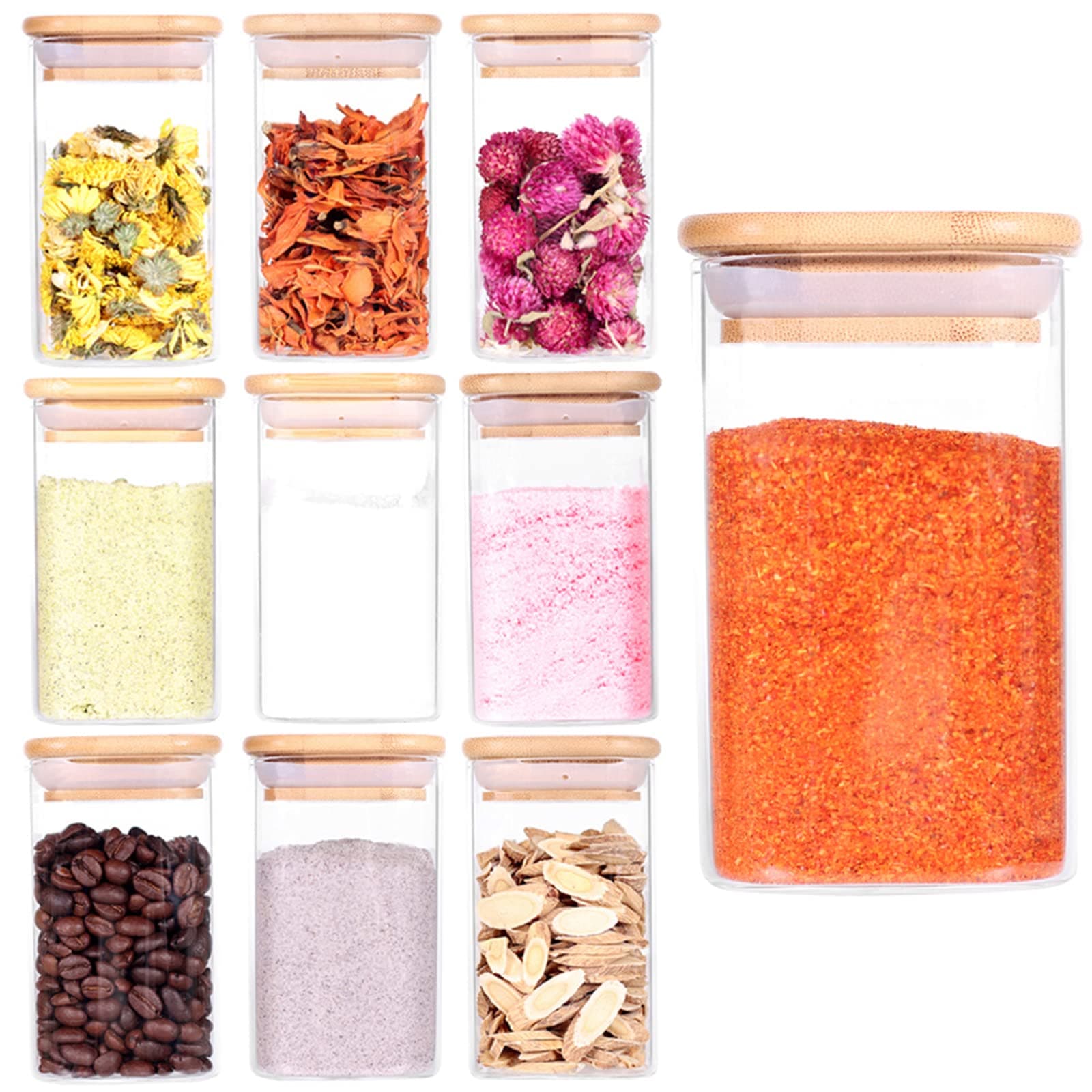 10 Pcs Glass Spice Jars - 8Oz Empty Square Spice Storage Containers With Bamboo Airtight Lid&Labels - Thicken Small Glass Canister For Kitchen Seasoning,Coffee Bean,Tea,Suger,Herbs,Clear