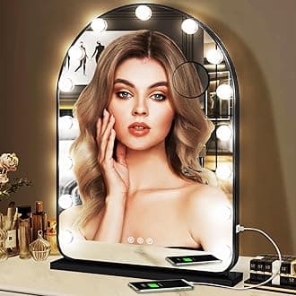 Hollywood Arch Makeup Mirror Black with Lights 15 Bulbs Dimmable 3 Colors Black Light Tabletop Wall Mirror Detachable Base 10 Magnifying Arc Mirror