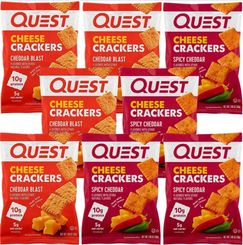 Quest Nutrition Cheese Crackers, Cheddar Blast & Spicy Cheddar Blast, 10g of Protein, Low Carb, Made with Real Cheese Variety Pack (In NEYUM Packaging & Sticker) (8 Pack)