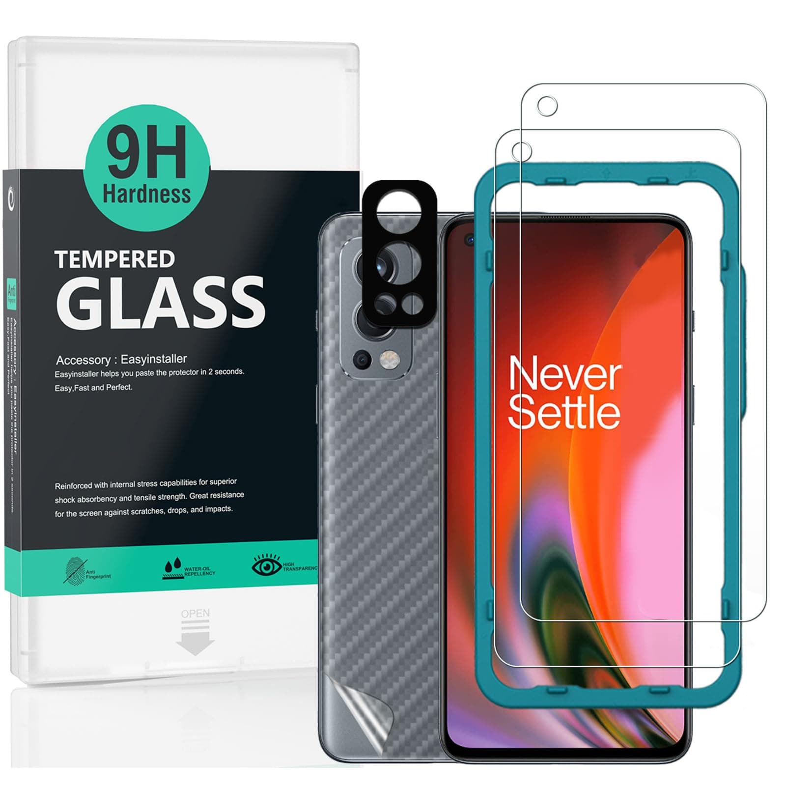 For Oneplus Nord 2 5G Screen Protector,2 Pack 9H Hardness Tempered Glass,With 1Pc Camera Lens Protector,1Pc Back Carbon Fiber Film,Easy to install
