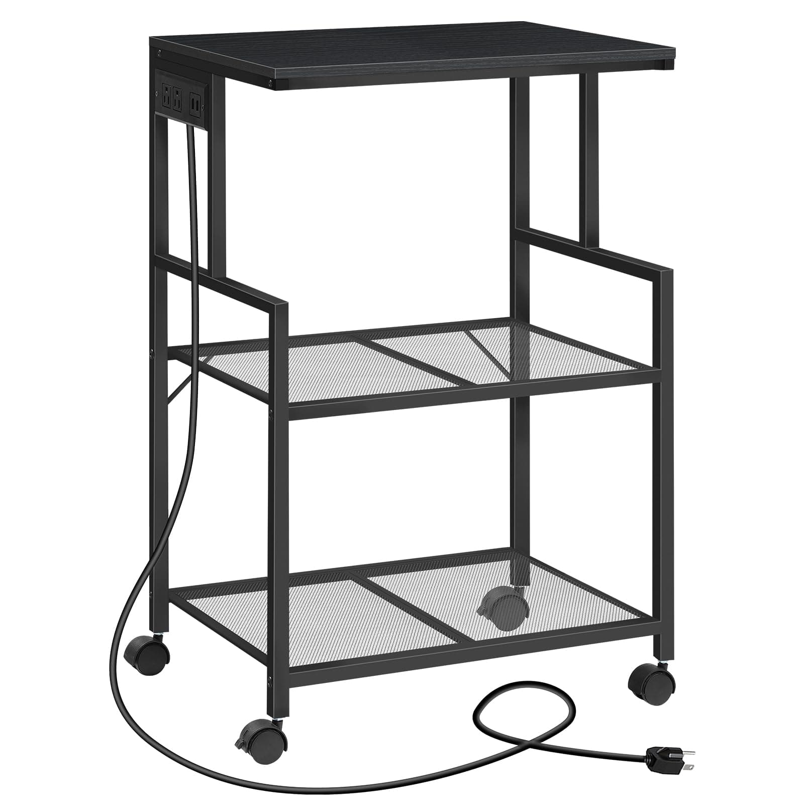 Mobile Printer Stand, 3-Tier Industrial Printer Cart with Power Outlets and 2 USB Ports, Rolling Printer Table on Wheels for Home Offices Kitchen Organization Rack, Black PTHB78E01