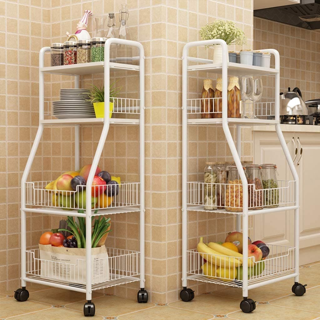 Organized Home 4 Tier Mesh Wire Rolling Cart, Kitchen Storage Organizer Utility Cart, Full Metal Basket Storage Art Trolley Carts with Wheels (White)