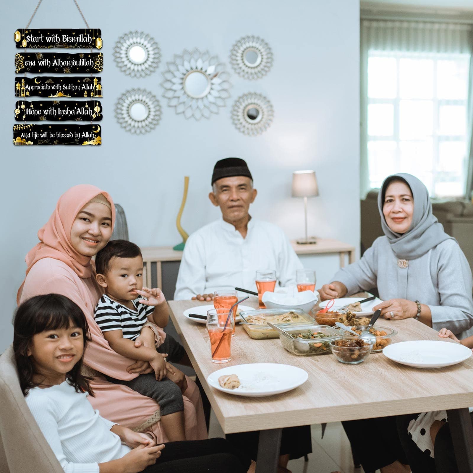 Outus Islamic Wall Sign Eid Ramadan Mubarak Decorations Start and End with Allah Wall Art Allah Pediment Inspirational Wooden Hanging Muslim Plaque for Islamic Home Eid Al Fitr Supplies (Black)