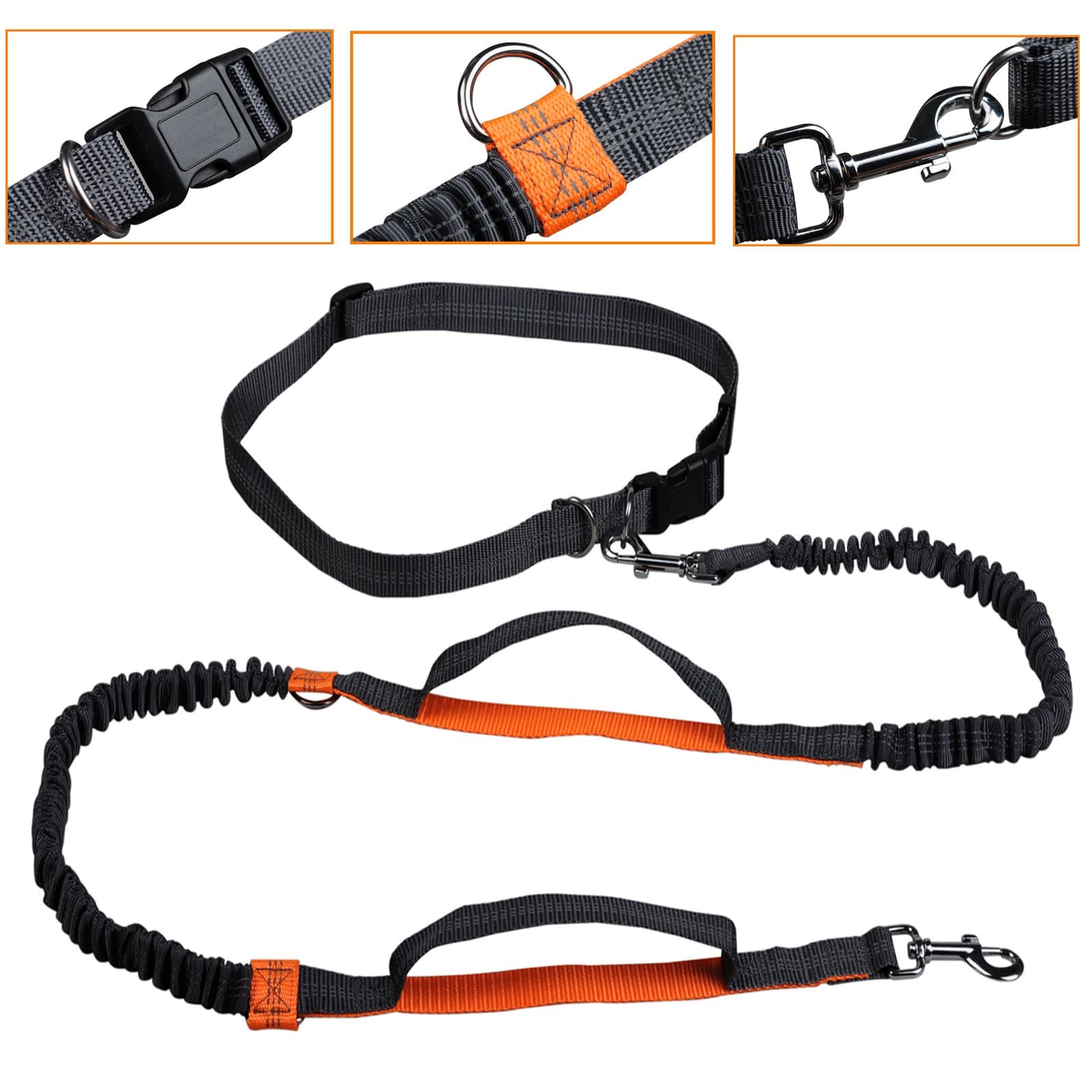 Retractable Hands Free Dog Leash, Dual-Handle Bungee Extendable Shock Absorbing Leash Reflective Stitching Adjustable Waist Belt for For Running, Walking, Hiking, Dog Training Up to 110 lb Large Dogs