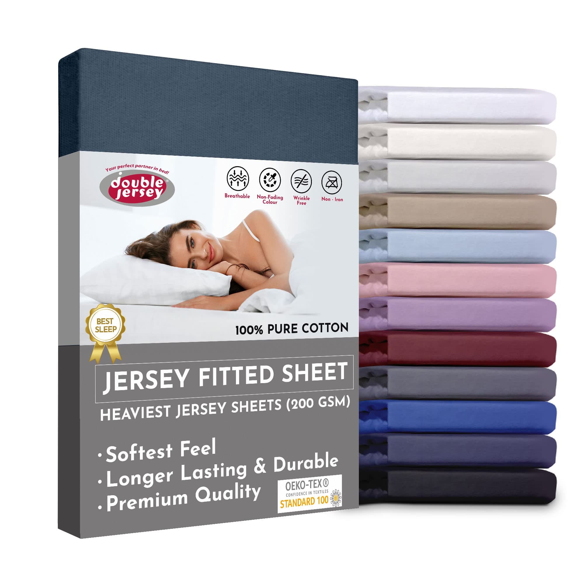 Double Jersey Fitted Sheet 100% Soft Cotton - Double-Knitted High-Fiber Fabric Density, Smooth Non-Iron with All-Around Elastic, Sheets for 32cm Bed Mattress Height - Charcoal, 160x200+32