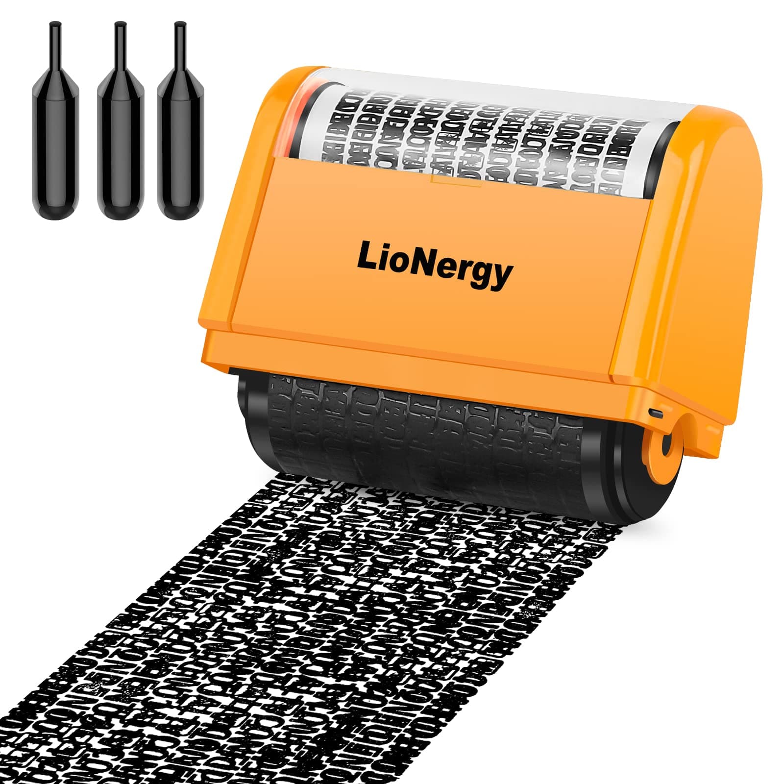 Identity Protection Roller Stamp LioNergy Extra Large Roller Identity Theft Prevention Security Stamp with 3 Refills, 10PCS Personalise Vinyl Waterproof Stickers –Orange Yellow