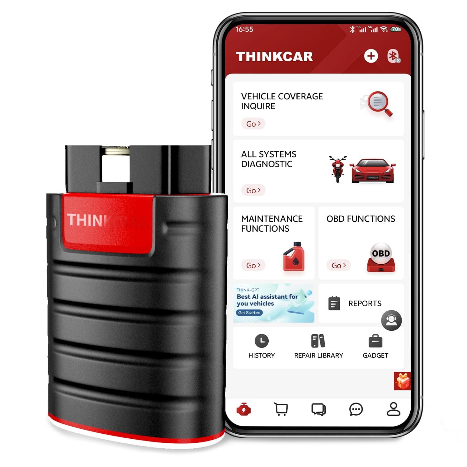 thinkcar Thinkdiag OBD2 Scanner Bluetooth, All System Bidirectional scan Tool OE Level Diagnostic Tools with ECU Coding,15+ Service Functions All Software 1 Year Free fits for iPhone & Android