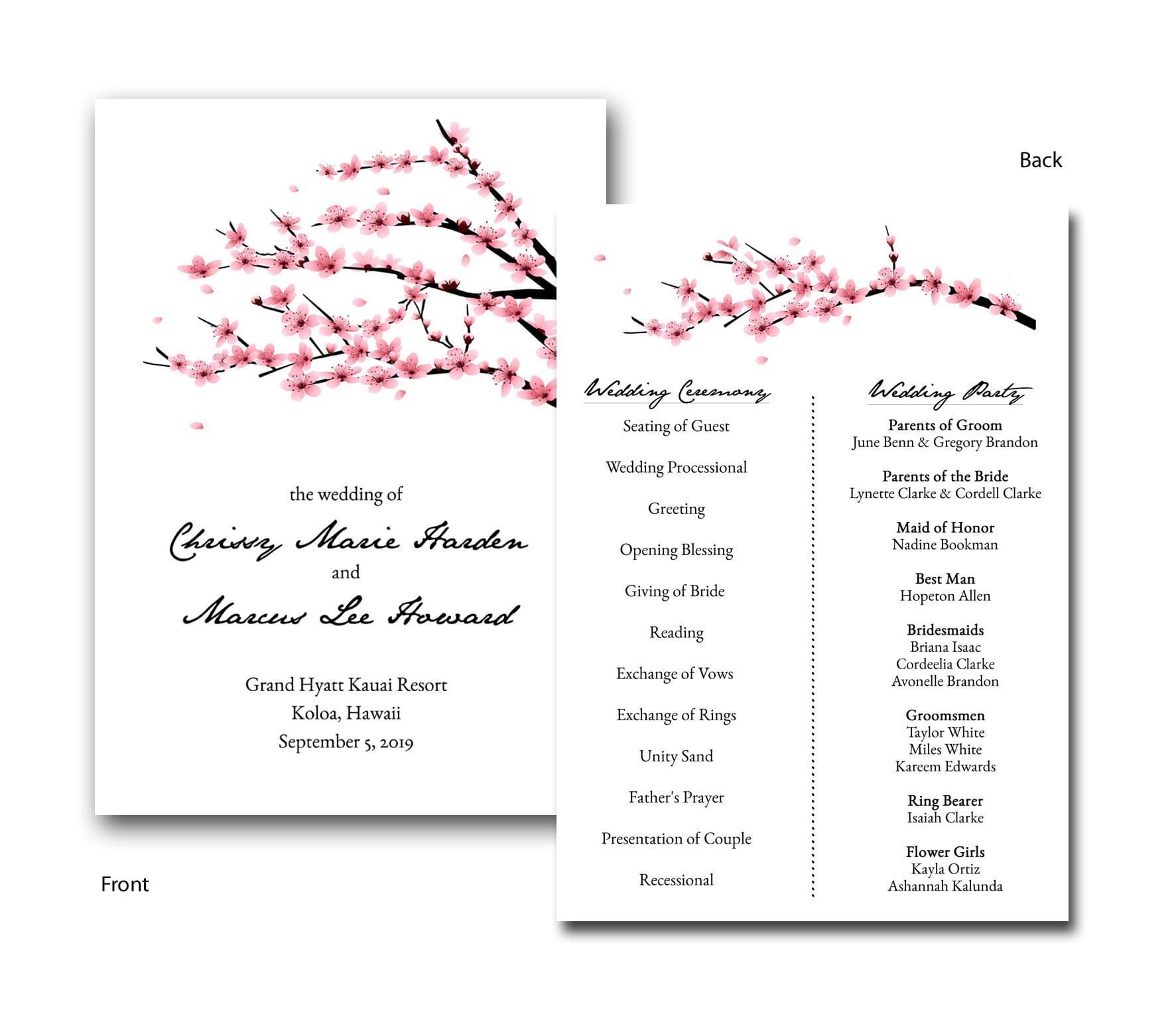 Flat Cherry Blossom Invitation Style Wedding Program - Set of 20