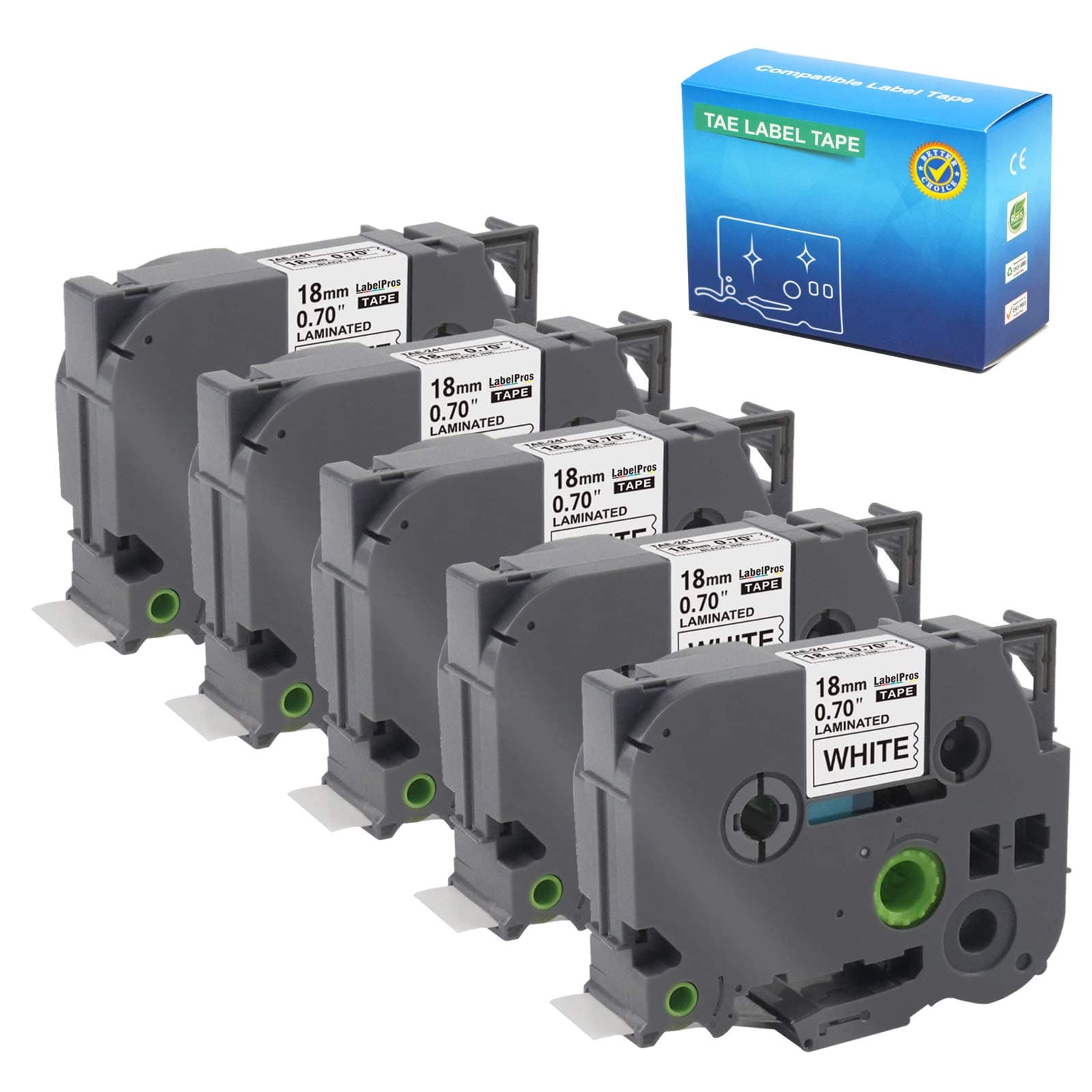 LabelPros 18mm 0.7 Black on White Standard Laminated Label Tape Replace TZe-241 TZ241 Compatible with Brother P-Touch Label Maker 3/4 Inch x 26.2 Feet, 5 Pack