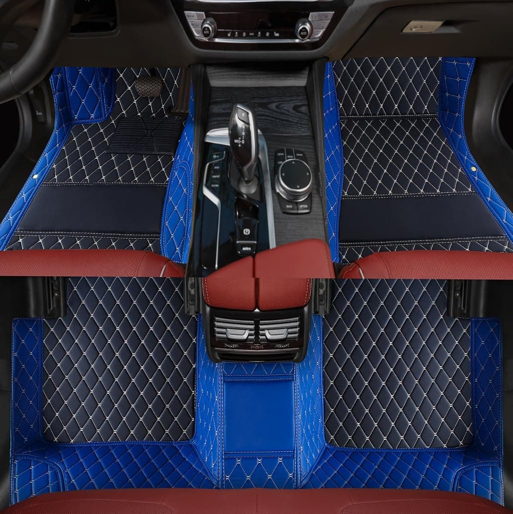 Custom Personalized Floor Mats ，Luxury Full Coverage All Weather Car Floor Mats，Anti-Slip Leather Car Mat Set ，Custom Floor Mat， for 99% of Cars, Trucks & SUV. (Black Blue)