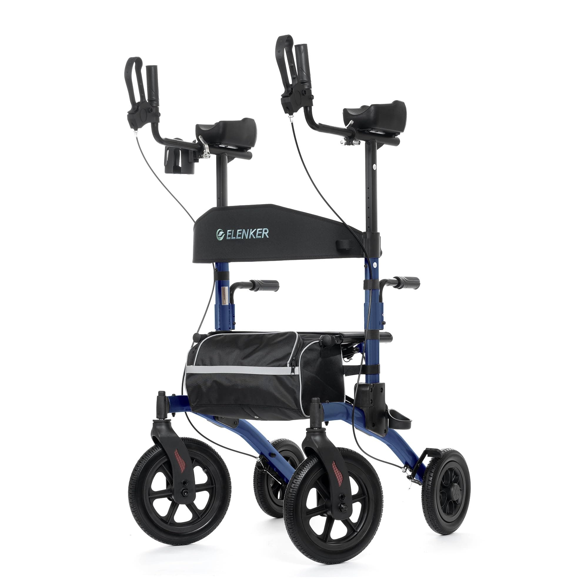 ELENKER All-Terrain Upright Rollator Walker, Stand up Rolling Walker with Seat, 12” Non-Pneumatic Wheels, Compact Folding Design for Seniors (Blue)