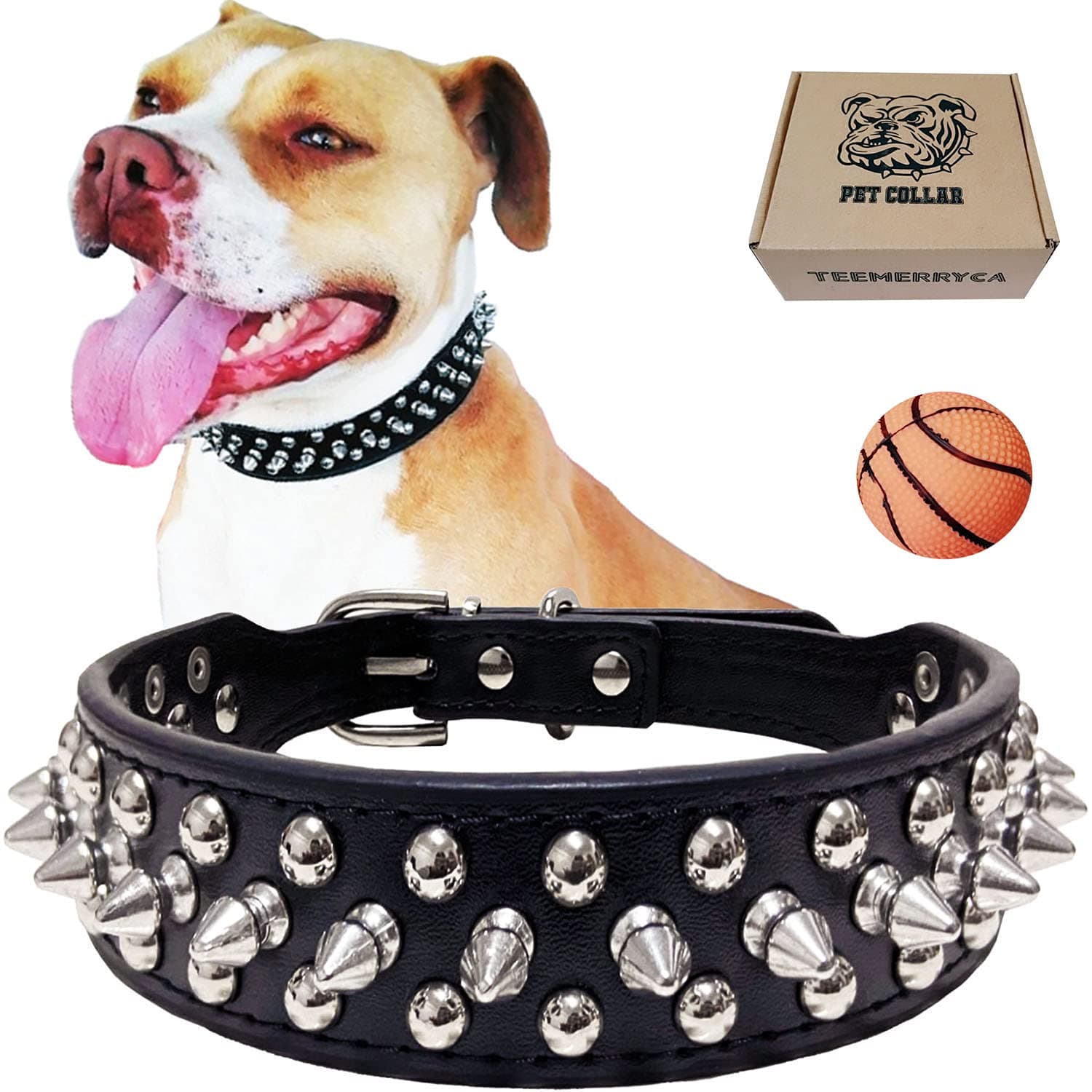 TEEMERRYCA Adjustable Microfiber Leather Spiked Studded Dog Collars with a Squeak Ball Gift for Small Medium Large Pets Like Cats/Pit Bull/Bulldog/Pugs/Husky, Black, L(15"-18.5")