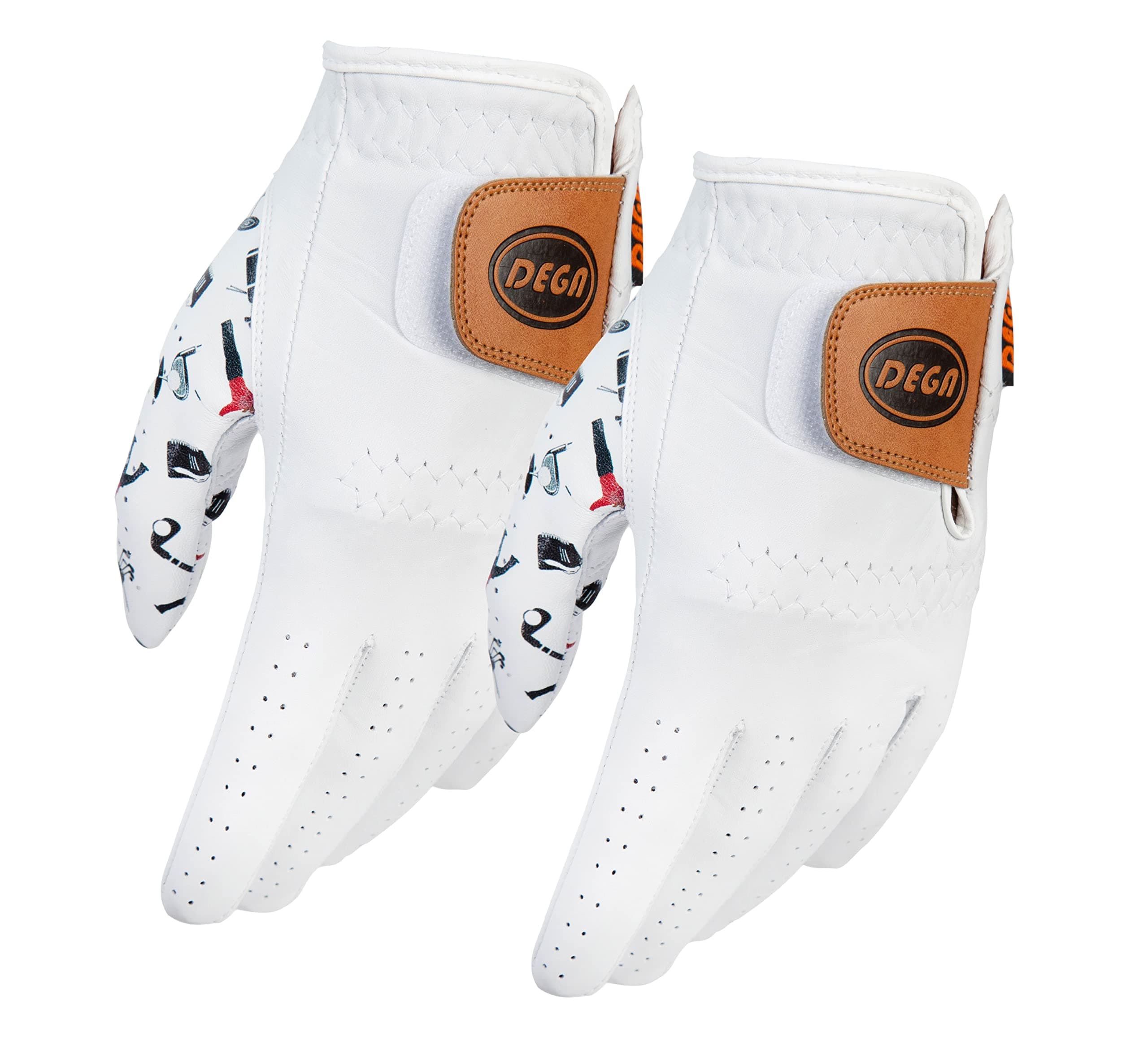 DEGA Golf Gloves 2 Pack 100% Cabretta Leather Golf Glove Men Left Hand Thumb Printed Designs