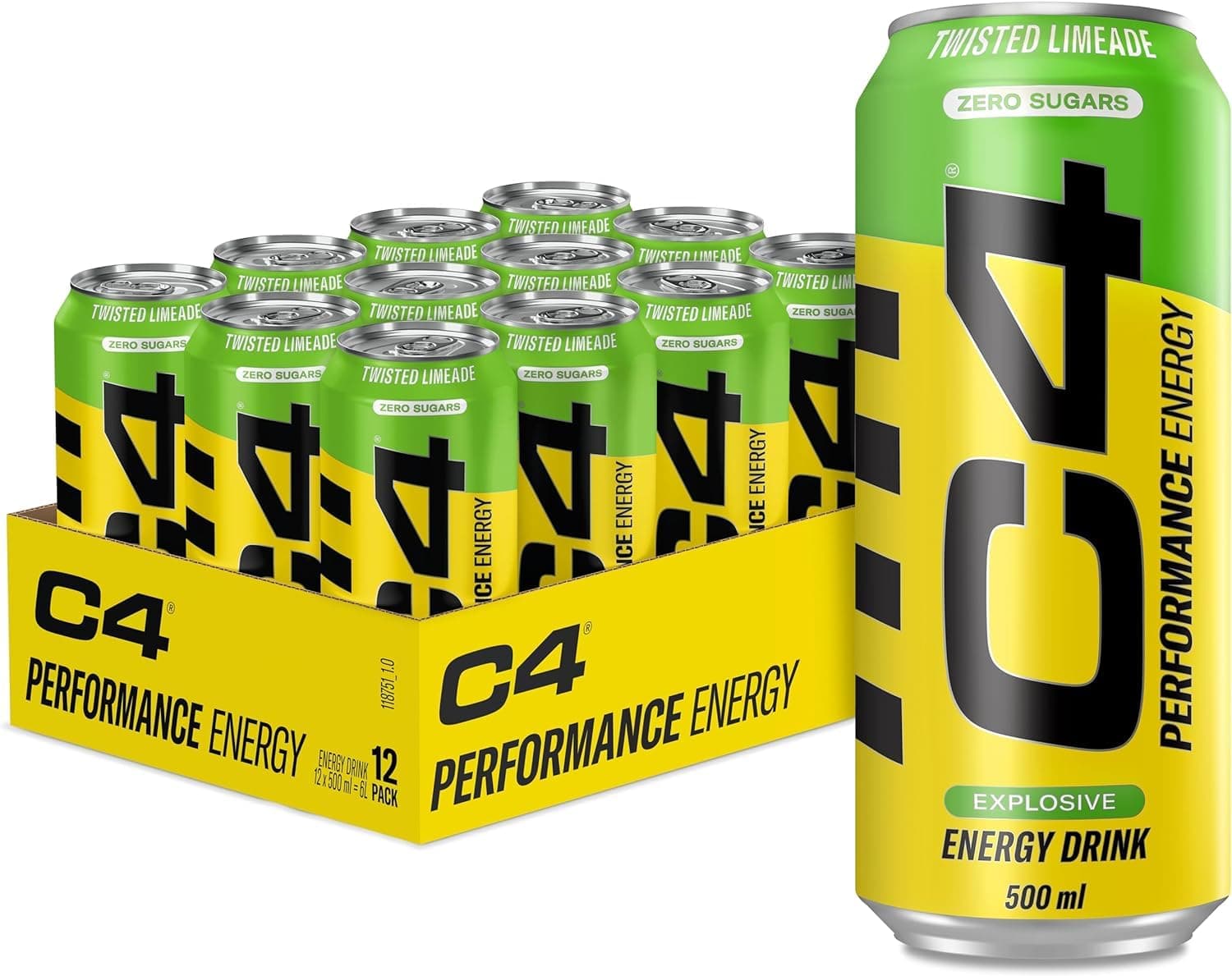 Cellucor C4 Original Carbonated Zero Sugar Energy Drink, Pre Workout Drink + Beta Alanine, Sparkling Twisted Limeade, 500ml Cans (Pack of 12 in 1 box)