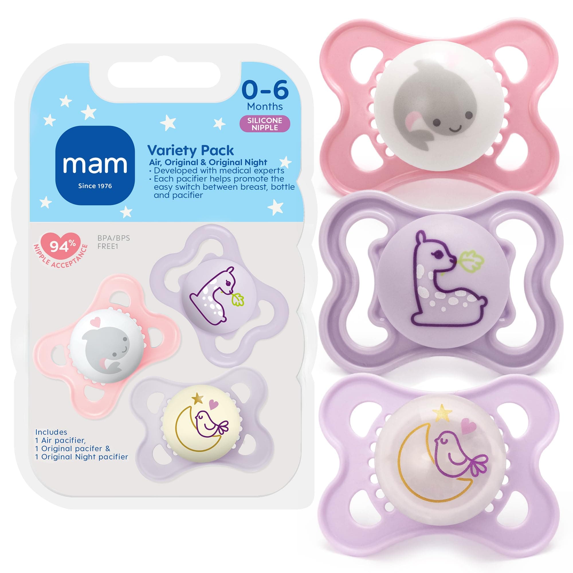 Variety Pack Baby Pacifier, Includes 3 Types of Pacifiers, Shape Helps Promote Healthy Oral Development, 0-6 Months, Girl, 3 Count (Pack of 1)