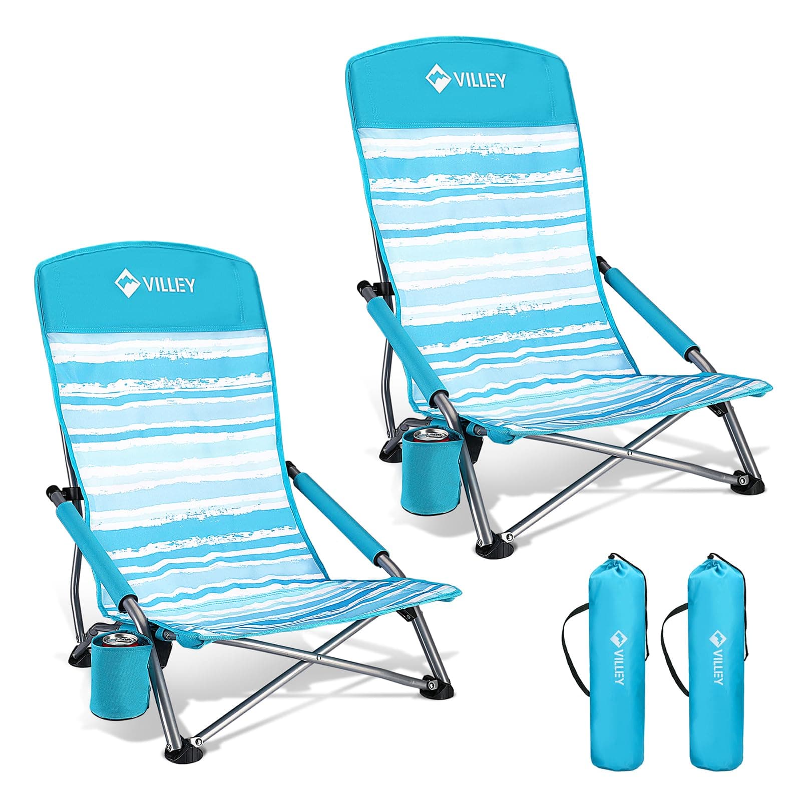VILLEY Low Beach Chairs for Adults 2 Pack, High Back Folding Beach Chairs, Lightweight and Portable for Outdoor, Beach, Camping, Lawn, Music Festival, with Cup Holder and Carry Bag-Blue Stripes