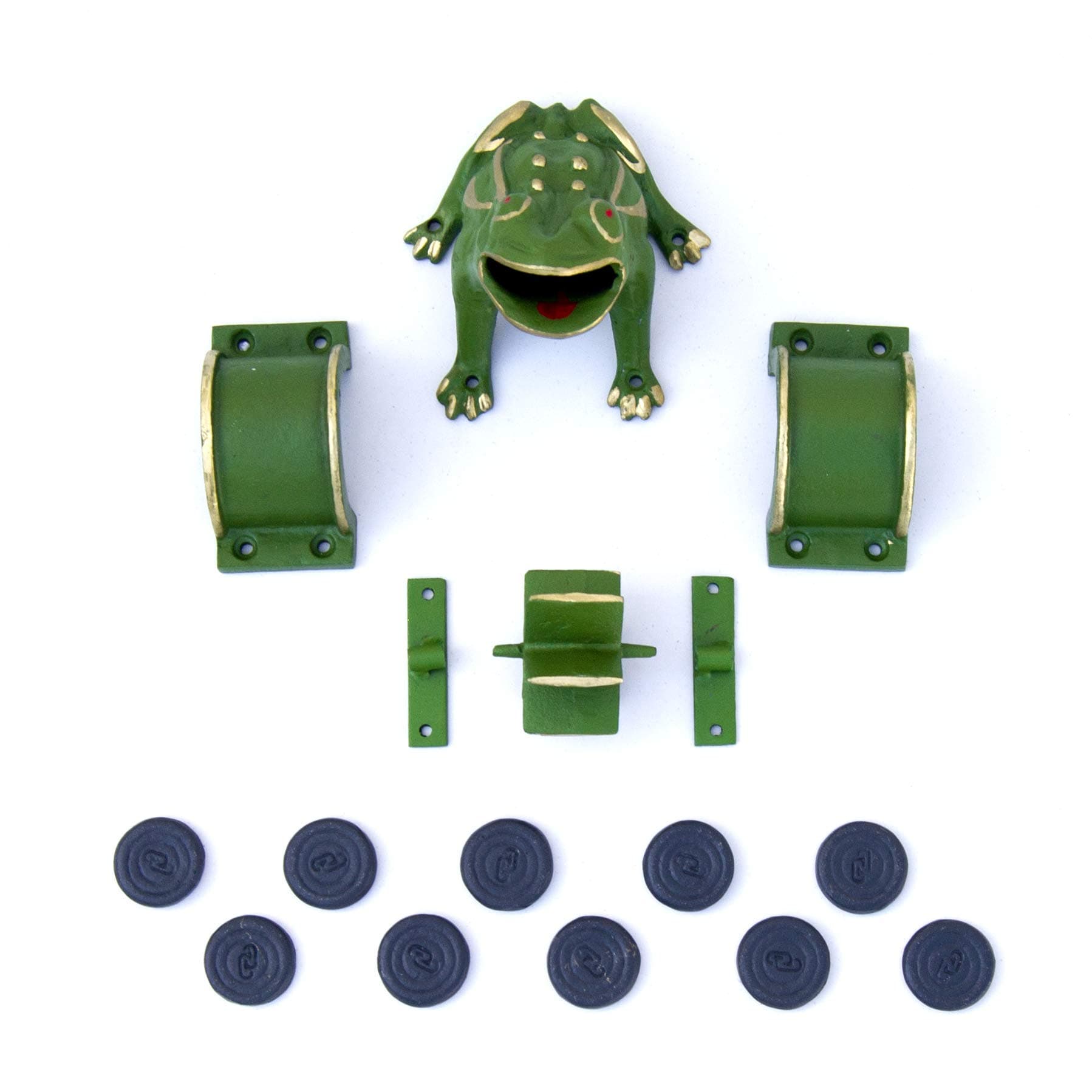 CADENAS ® - Frog Game / Sapo Game/ Toad in the Hole Game “Complete” cast iron: 1 Frog / Sapo , 2 Bridges, 1 Mill , 2 Fasteners y 10 Tokens.
