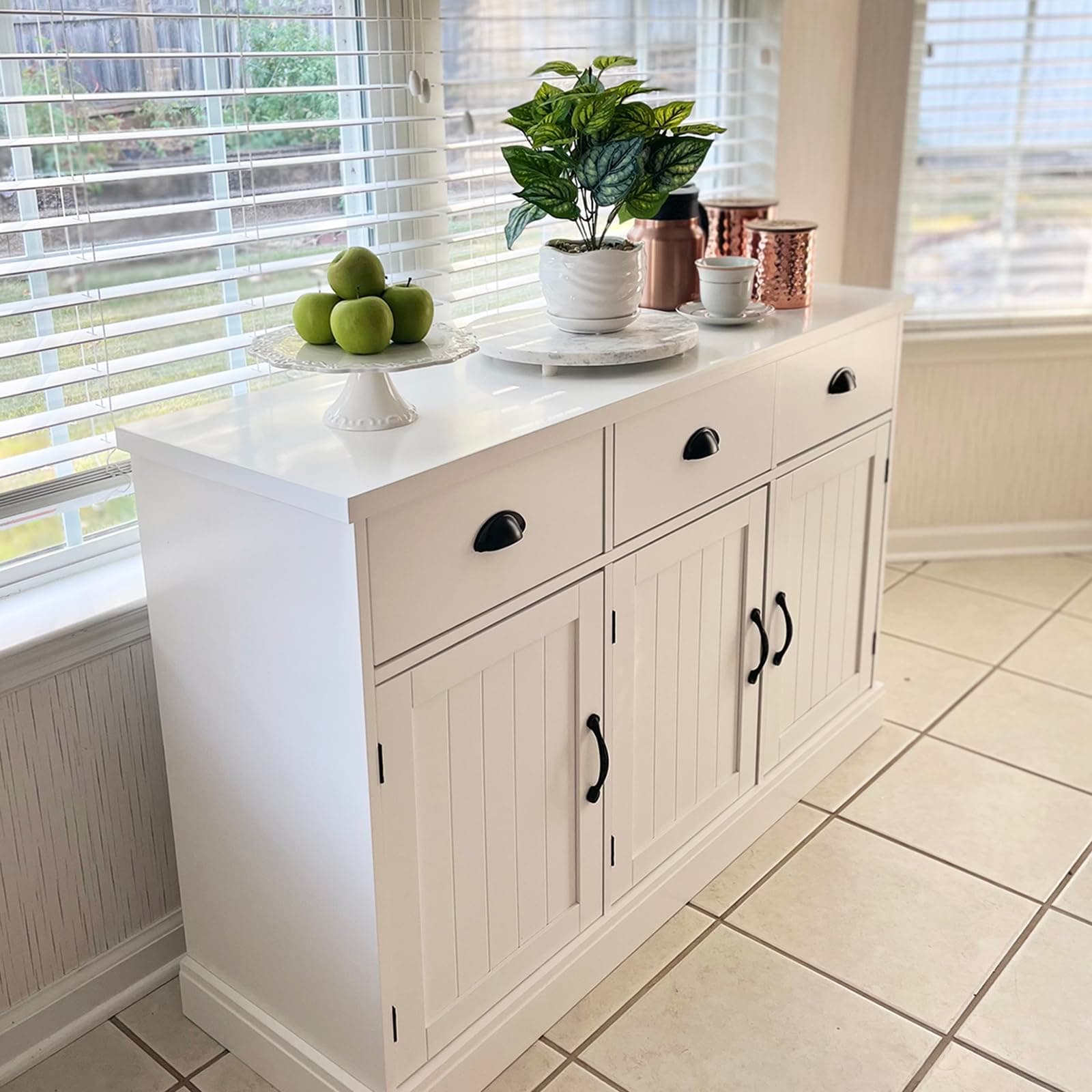 MAISON ARTS White Sideboard Buffet Cabinet with Storage, Kitchen Storage Cabinet with 3 Drawers & 3 Doors, Modern Farmhouse Bar Wine Cabinet Adjustable Shelves Console Table for Kitchen Dining Room