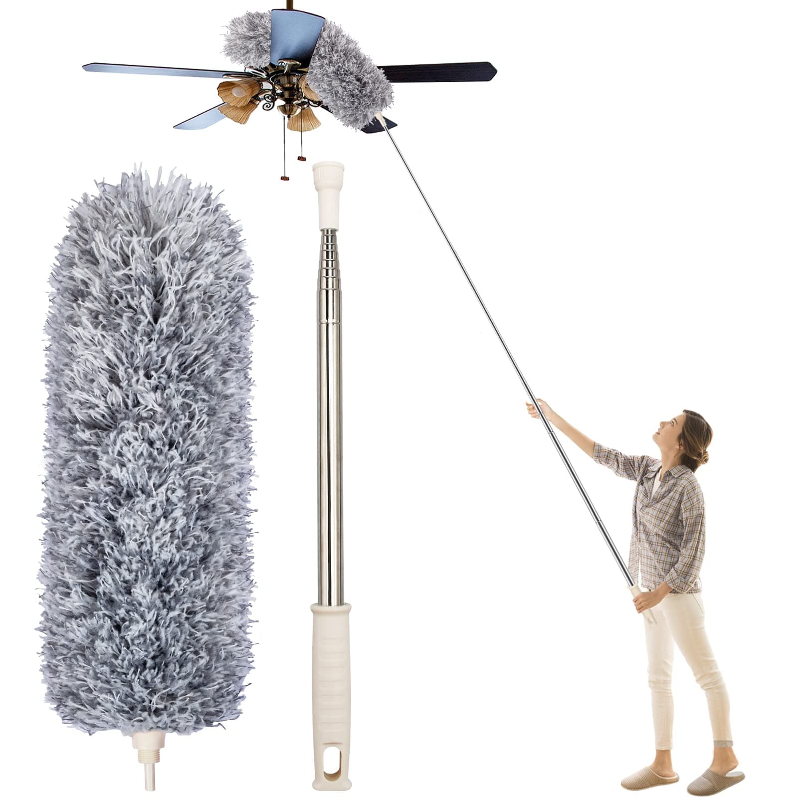 Dusters for Cleaning High Ceiling Fan, Newliton Microfiber Feather Duster with 30'' to 100'' Telescoping Extension Pole, Long Extendable Duster for Home Car Furniture Cobweb Gray