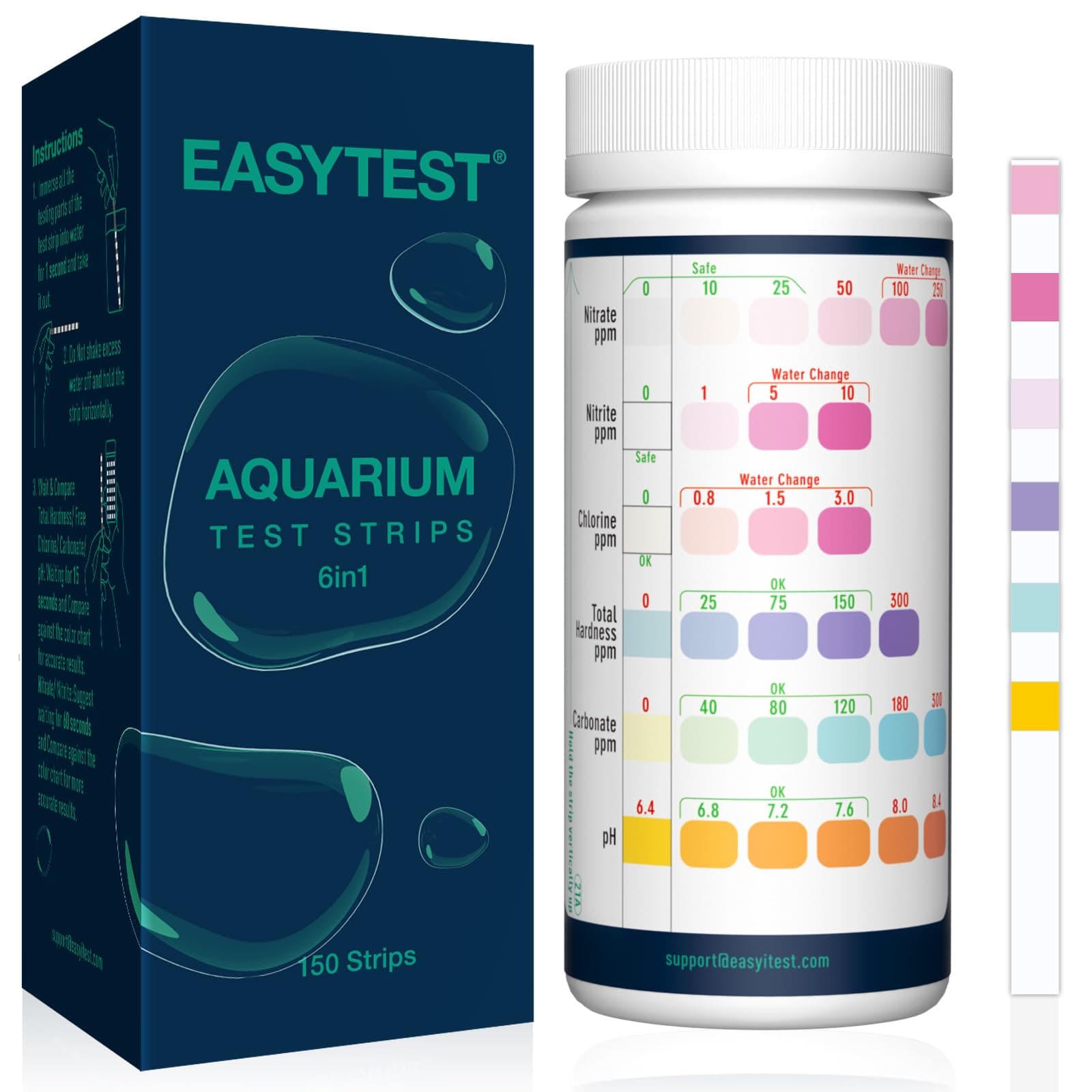 EASYTEST 6 in 1 Aquarium Test Strips, 150 Strip Pack Aquarium Water Test Kit for Freshwater, Fish Tank, Fish Pond, Accurate Testing Total Hardness, Carbonate Nitrate, Nitrite, Cl2, pH