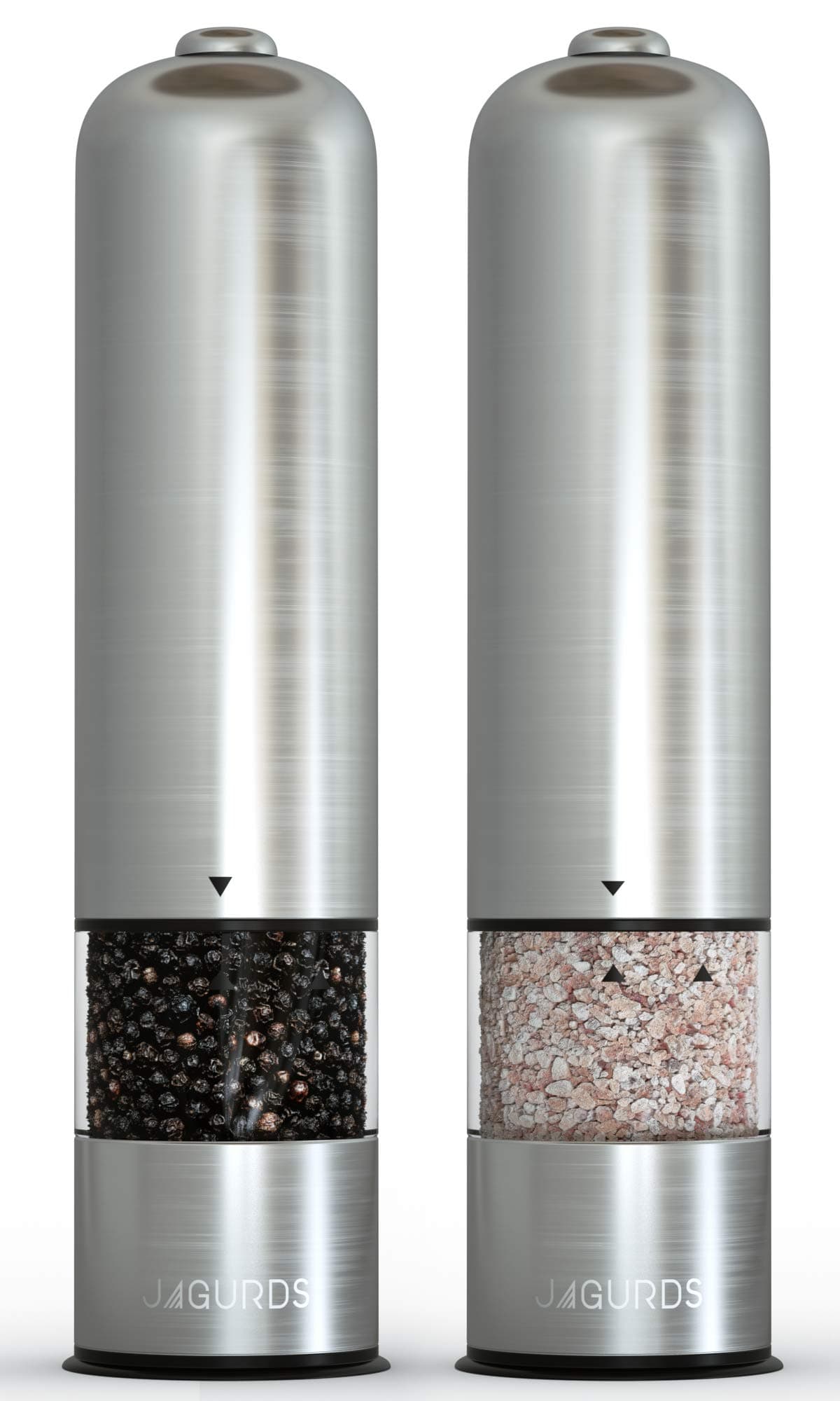 JAGURDS Electric Salt and Pepper Grinder Set - Automatic, Refillable, Battery Operated Stainless Steel Spice Mills with Light - One Handed Push Button Peppercorn Grinders and Sea Salt Mills