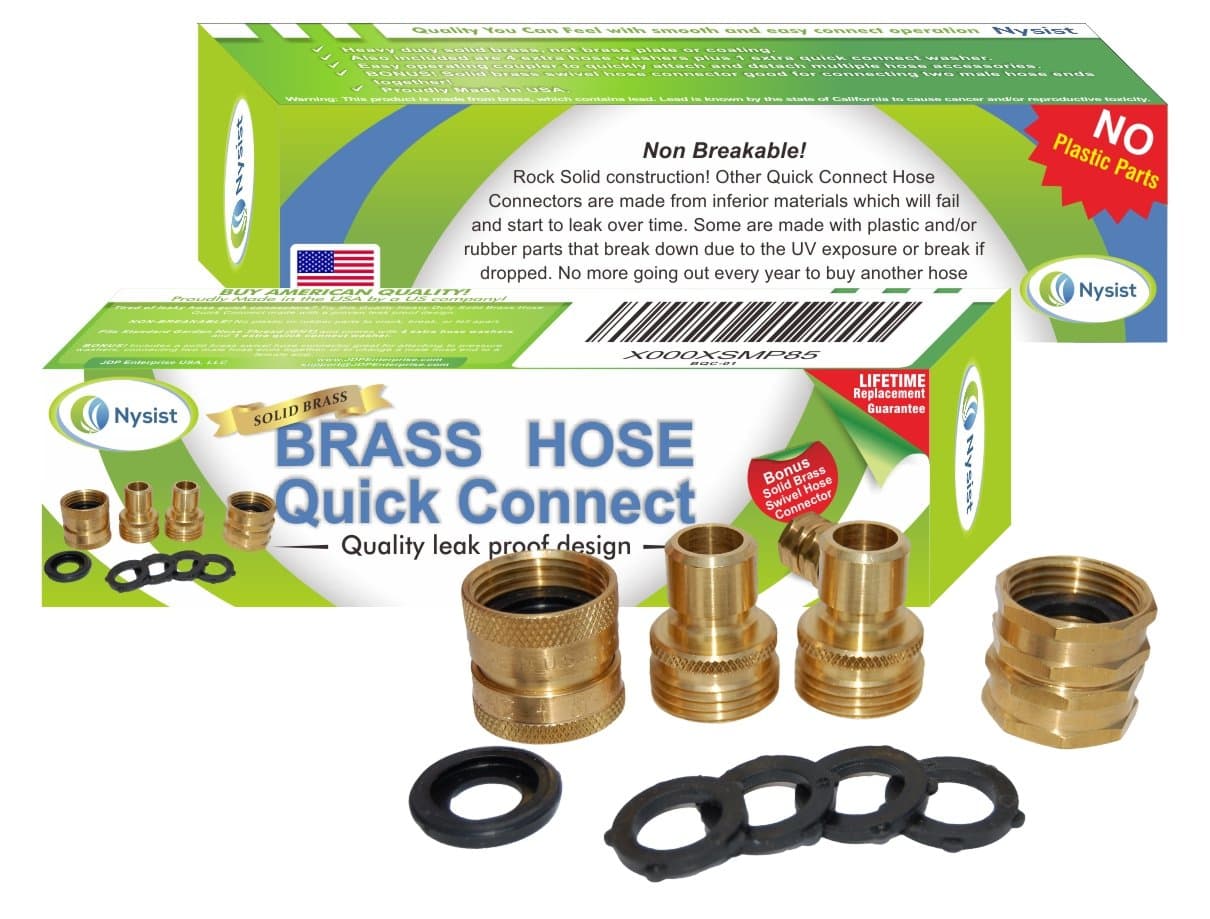Garden Hose Quick Connect Set ~ Made in USA ~ Solid Brass Quick Connect Garden Hose Fittings ~ Bonus Swivel Coupler & Extra Washers