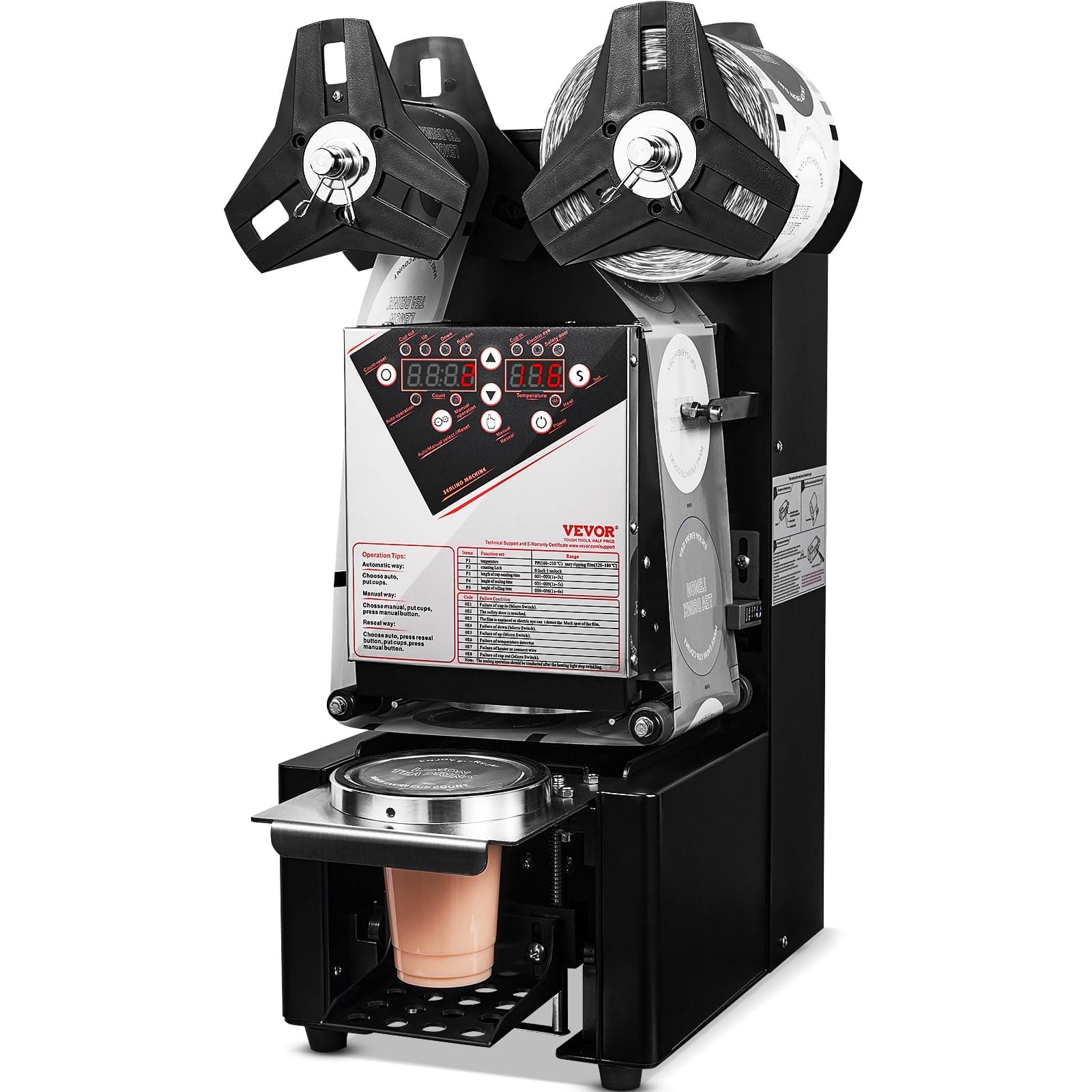 VEVOR Fully Automatic Cup Sealing Machine, 500-650 Cups/H, Cup Sealer Machine for 190 mm Tall & 90/95 mm Cup, Electric Boba Tea Sealer with Digital Control LCD Panel for Bubble Milk Tea Coffee, Black