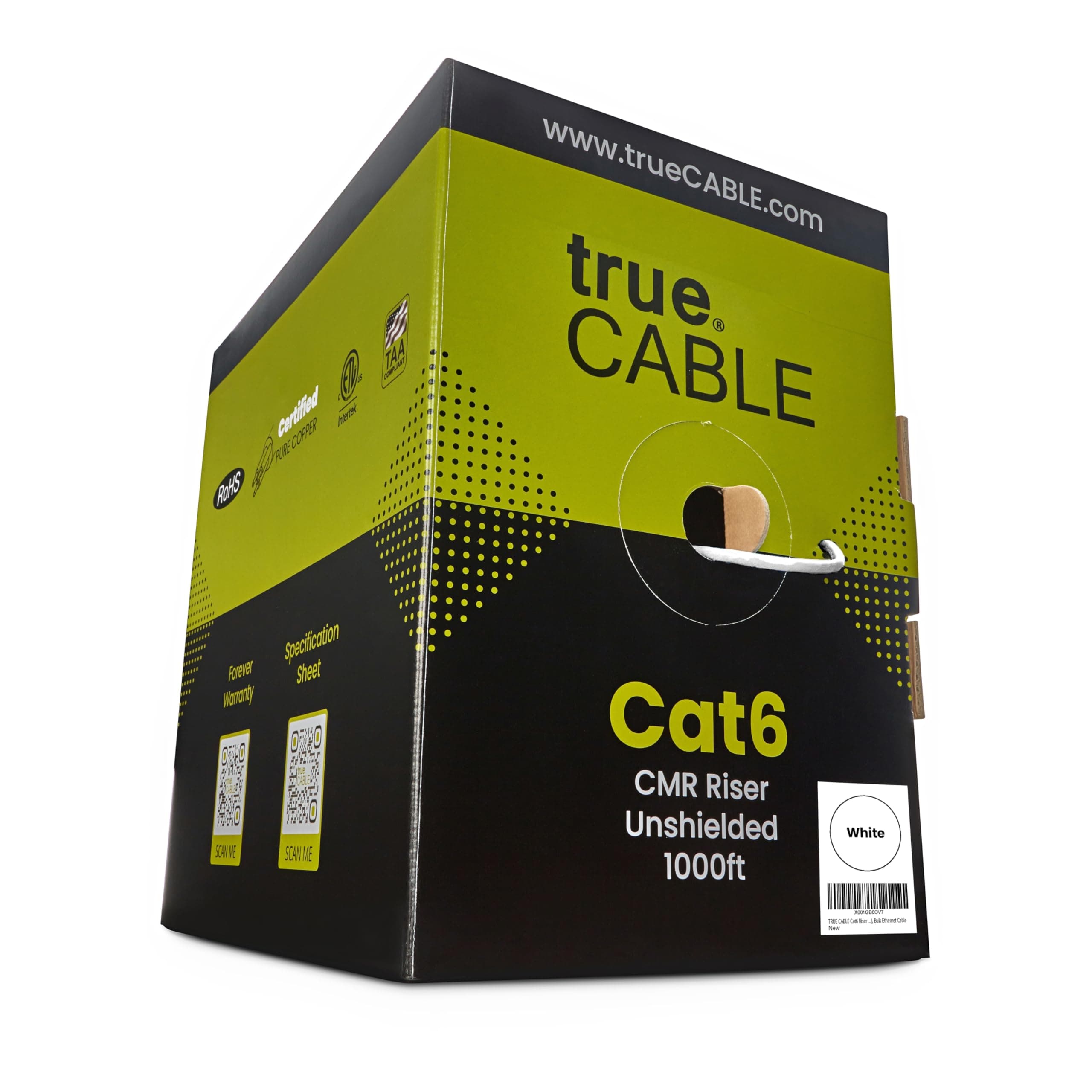 Cat6 Riser (CMR), 1000ft, White, 23AWG 4 Pair Solid Bare Copper, 550MHz, ETL Listed, Unshielded Twisted Pair (UTP), Bulk Ethernet Cable