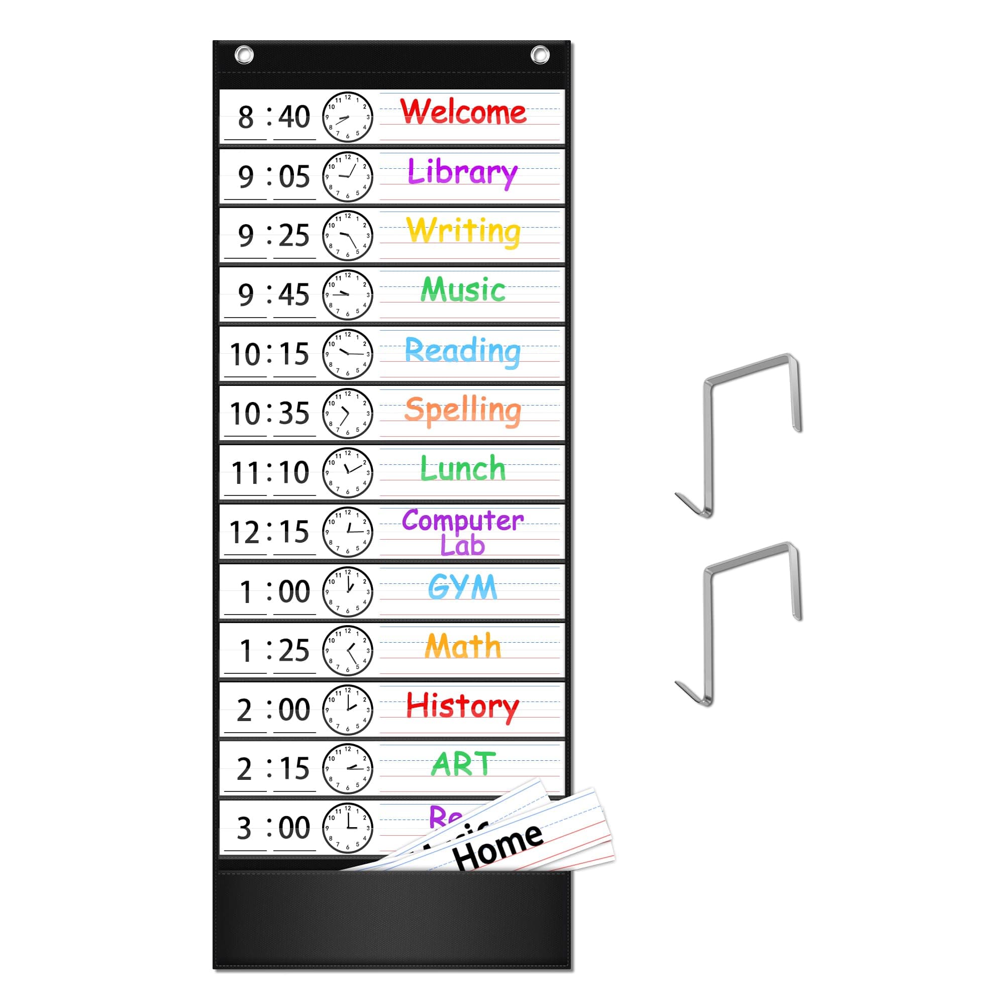 Eamay Daily Schedule Pocket Charts, Teaching Scheduling Pocket Chart, Hanging File Organizer with 18 Dry Erase Cards, Educational Tool for Classroom, School, Office or Homeschooling （Black）