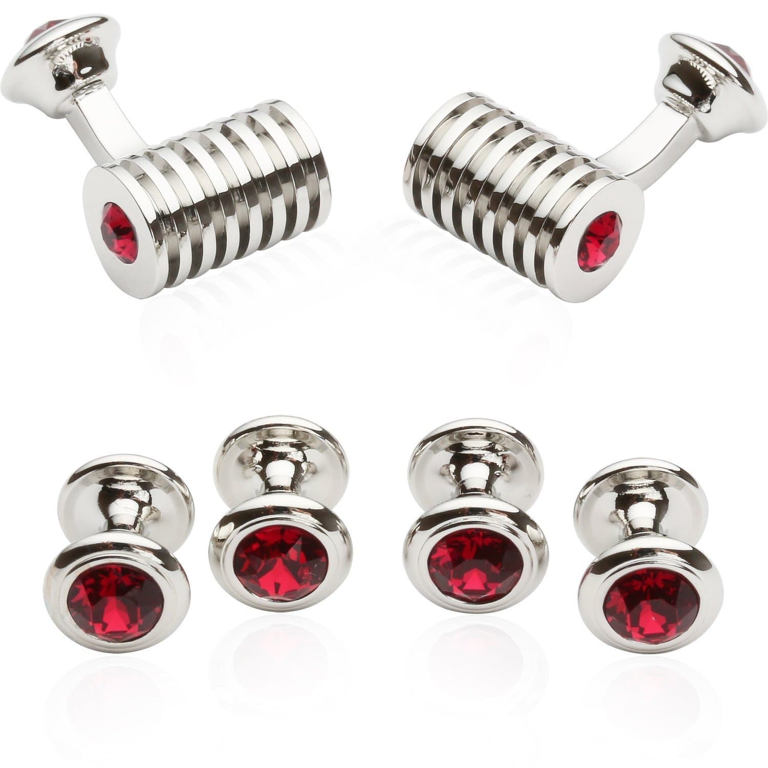 Men's Silver Ruby Red Crystal Cufflinks and Studs Tuxedo Shirt Formal Set with Jewelry Presentation Box Storage Travel Special Occasions Wedding Cufflinks & Shirt Accessories