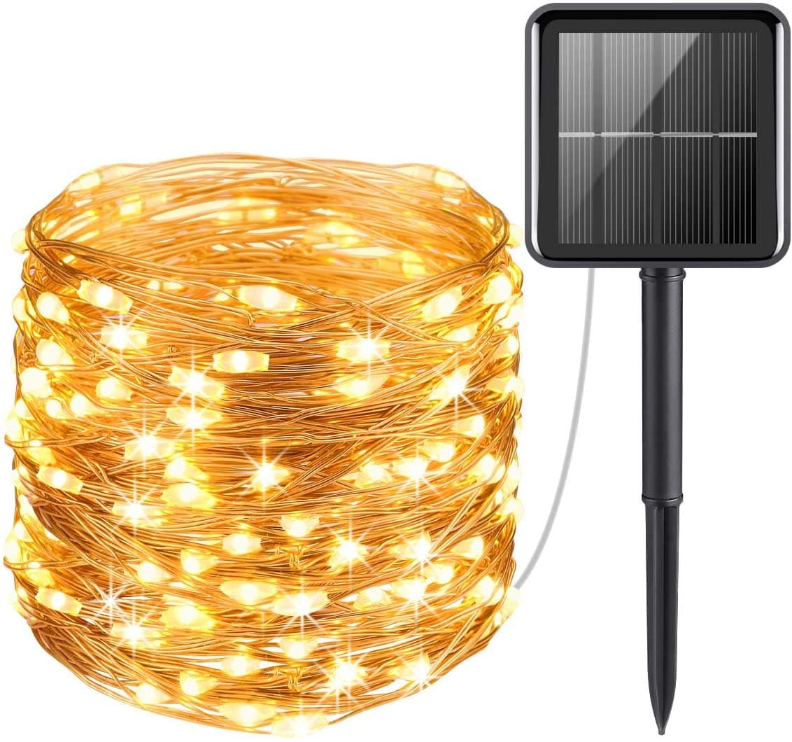 Outdoor Solar String Lights,33 Feet 100 Led Solar Powered Fairy Lights with 8 Lighting Modes Waterproof Decoration Copper Wire Lights for in&Outdoor Decoration for Garden,Yard,Party,(Warm White)