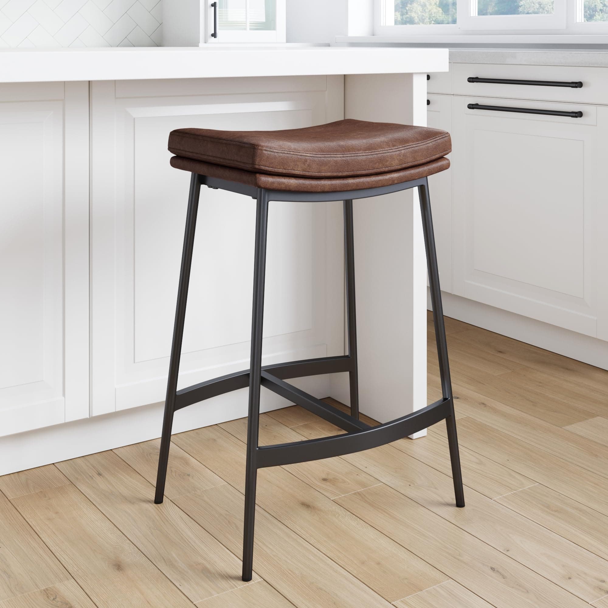 22202 Arlo Modern Backless Upholstered Kitchen Counter Bar Stool with Double-Layered Saddle Seat and Metal Base, Brown/Matte Black