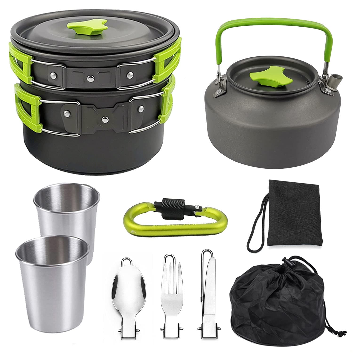 10pcs Camping Cookware Mess Kit - Non-Stick Pot and Pan Kettle Set with Stainless Steel Cups Forks Knives Spoons and Carabiner, Camping Cooking Set for Camping, Outdoor Cooking and Picnic