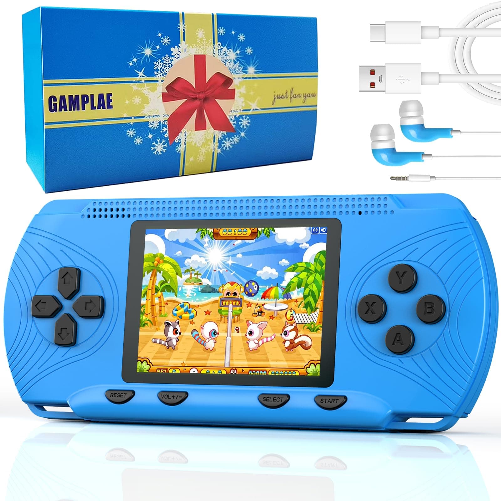 Handheld Game Console for Kids, Portable Hand Held Video Game Preloaded 258 Video Games & 3 Cartridges, 3.0'' Large Screen, Rechargeable Battery, Birthday Xmas Gift for Kids 4-12