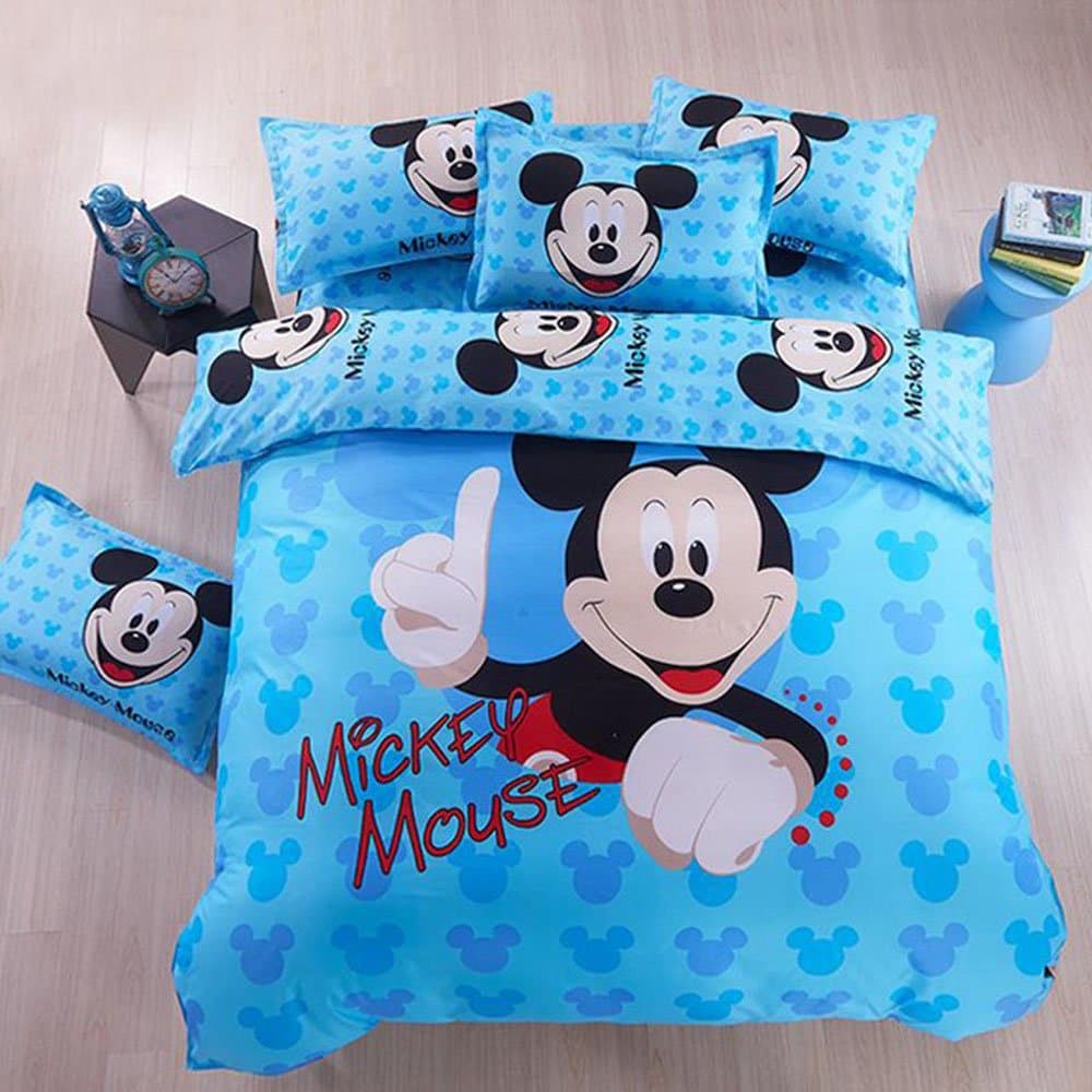 Timelessness Cartoon Bedding Sets Mickey Mouse Duvet Cover Set Polyester 4Pcs Bedding Set Disney Bedding for Kids Children Bed Sheets Birthday Gift,Queen Size