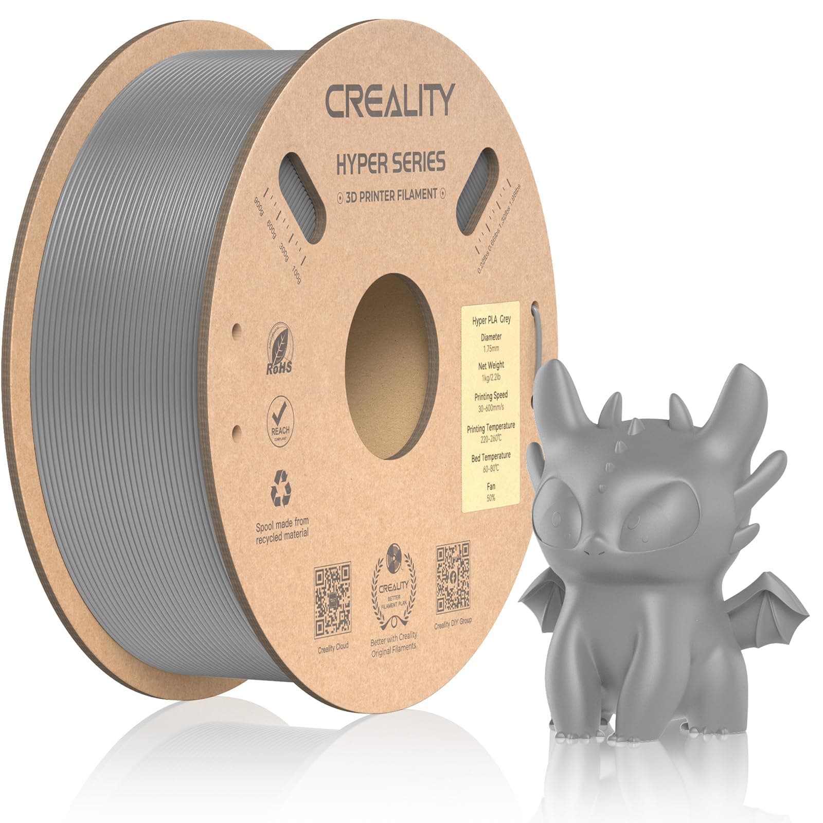 Official CREALITY Hyper PLA Filament 1.75mm, High Speed PLA 30-600mm/s 3D Printer Filament, Dimensional Accuracy +/-0.02mm, Fit Most FDM 3D Printers, 1KG(2.2lbs) Spool Gray