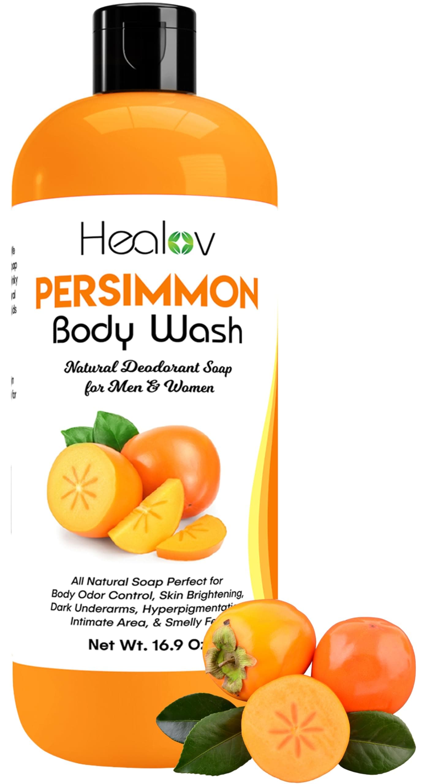 Healov Persimmon Body Wash for Body Odor Control – Purifying Deodorizing Soap for Eliminating Odor – Underarms, Intimate Inner Thigh, Bikini Area, Smelly Feet – Natural Deodorant Soap, Kids Safe
