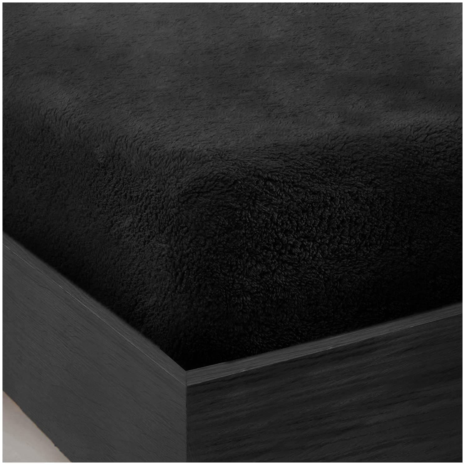 Teddy Bear Double Fitted sheet | Fleece Thermal Warm Plain Soft Cuddly Fluffy Fitted Bed Sheets Double | Black