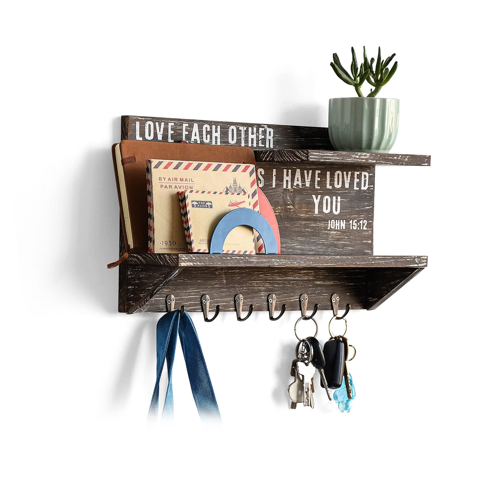 OKSQW Rustic Wall Decor, Rainbow Sign Key Holder for Wall Mounted Coat Rack with Shelf, Home Decor Entryway Hallway Decor Farmhouse DIY Key Hook for Wall with 6 Key Hooks